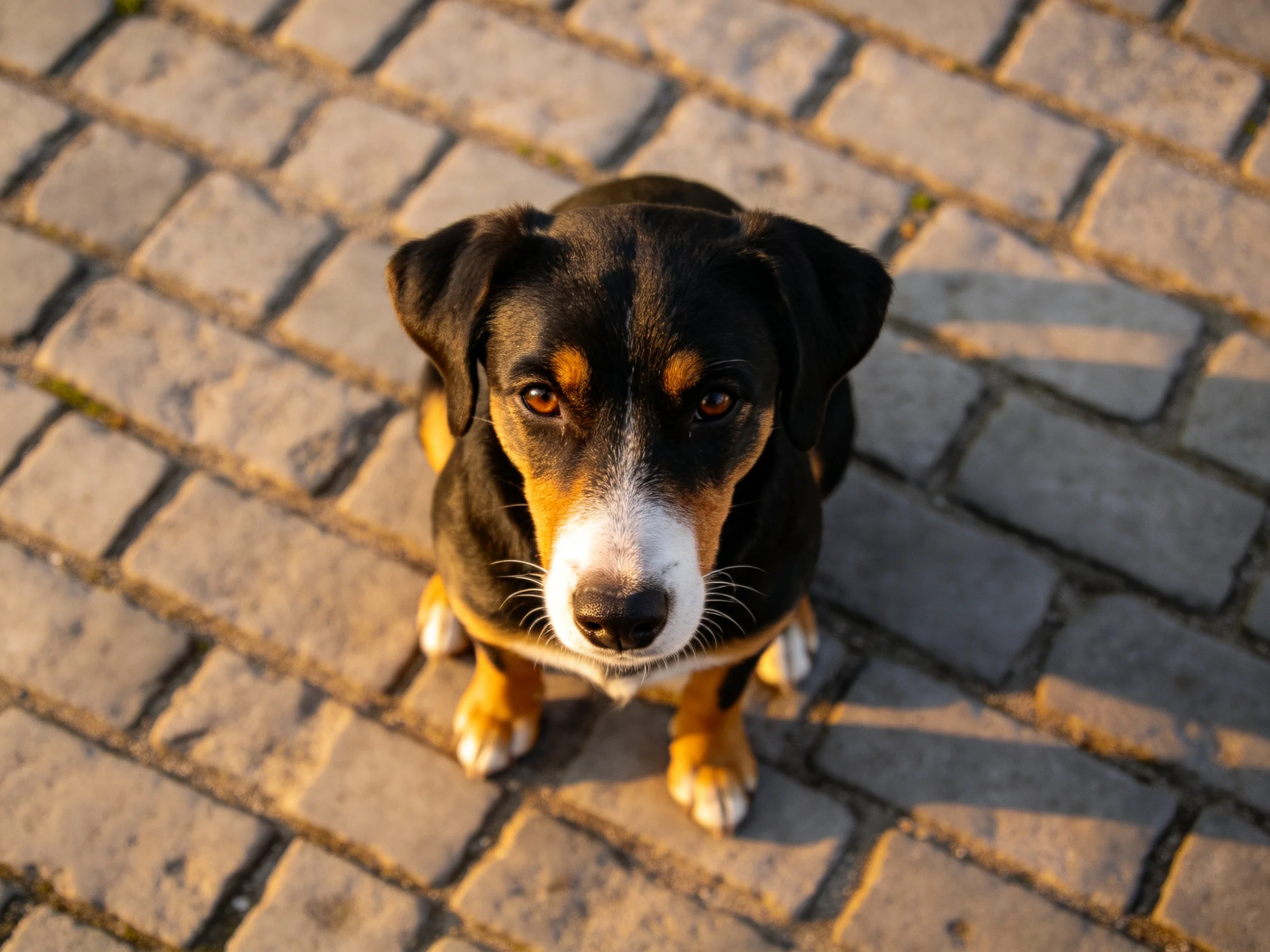 A tricolor dog sits on a textured cobblestone pavement under warm light