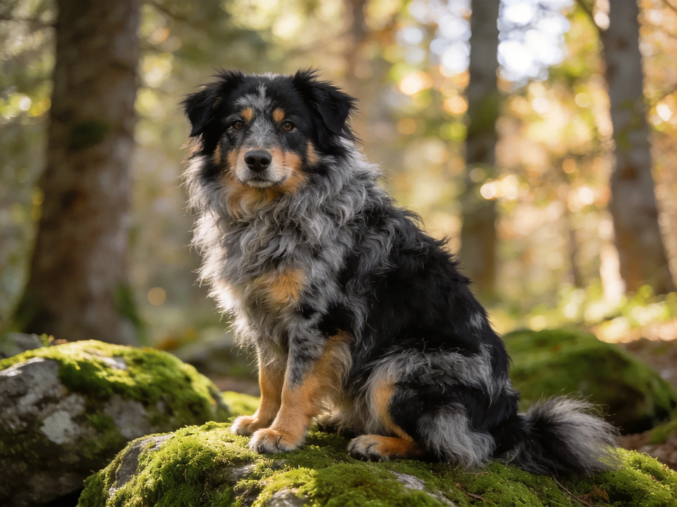 A tricolor dog sits calmly on mossy rocks amidst tall trees in sunlight.