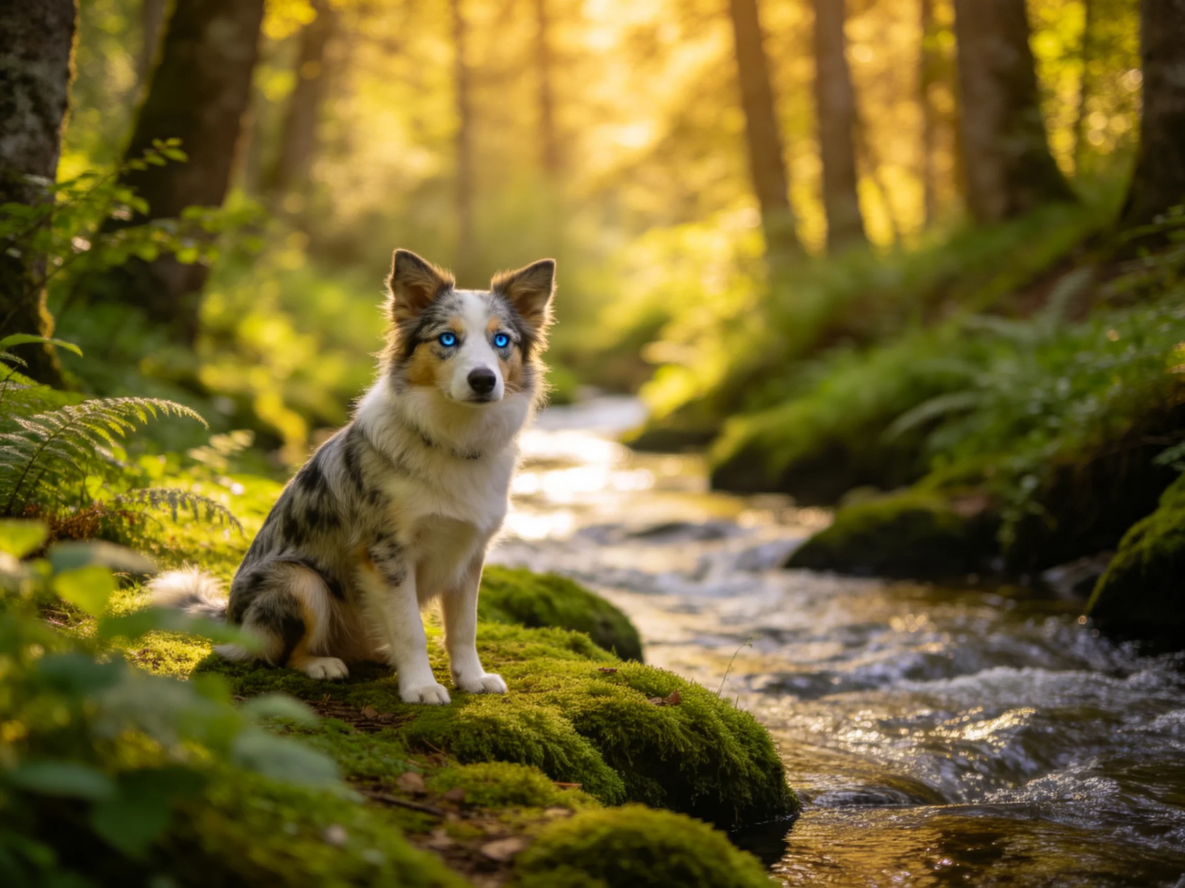 A tricolor dog sits on mossy rocks by a sunlit forest stream