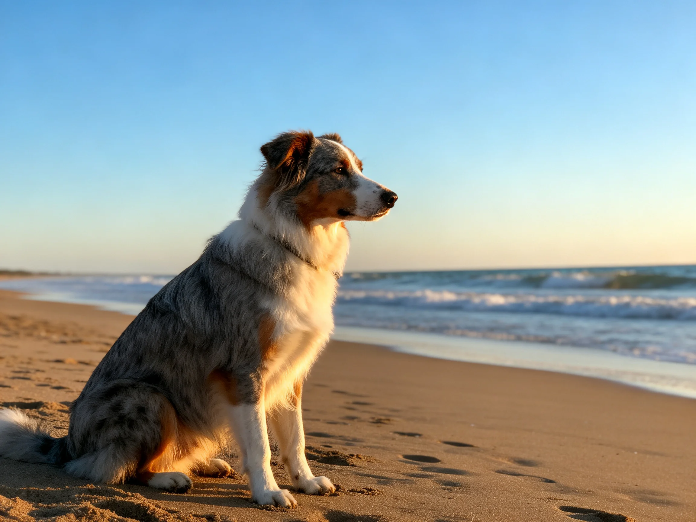 A tricolor dog sits on sandy beach near calm ocean waves