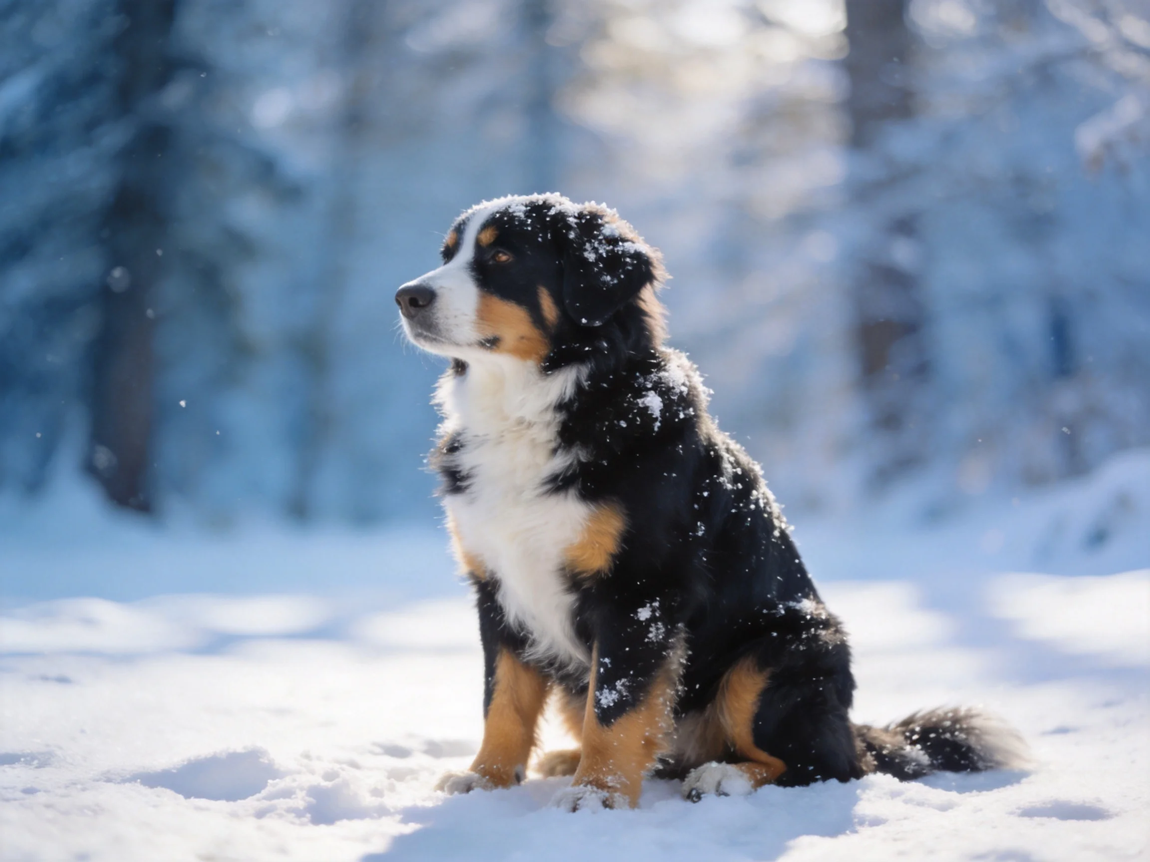 A tricolor dog sits peacefully in a snowy woodland.