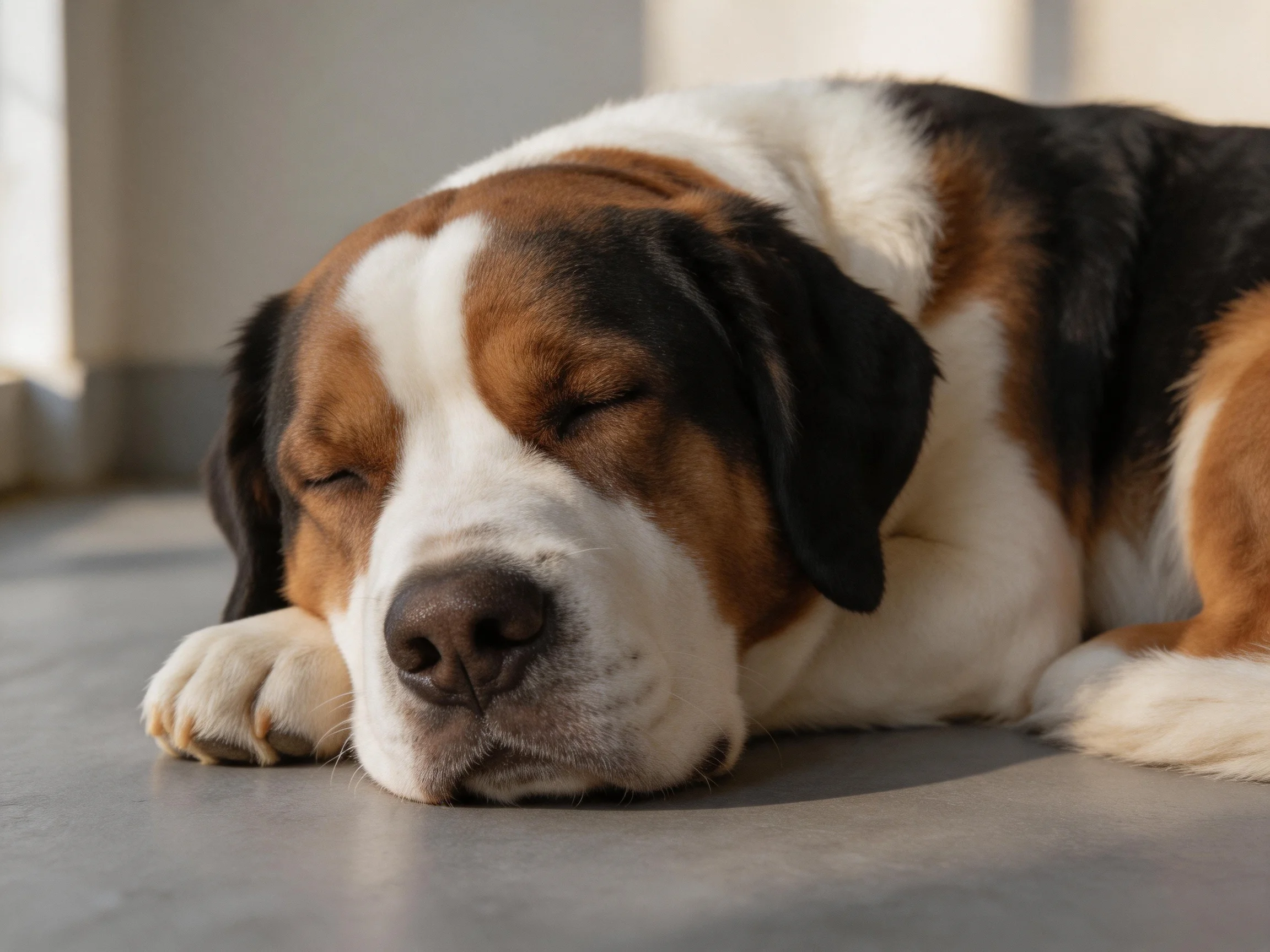 A tricolor dog sleeps on a smooth indoor floor