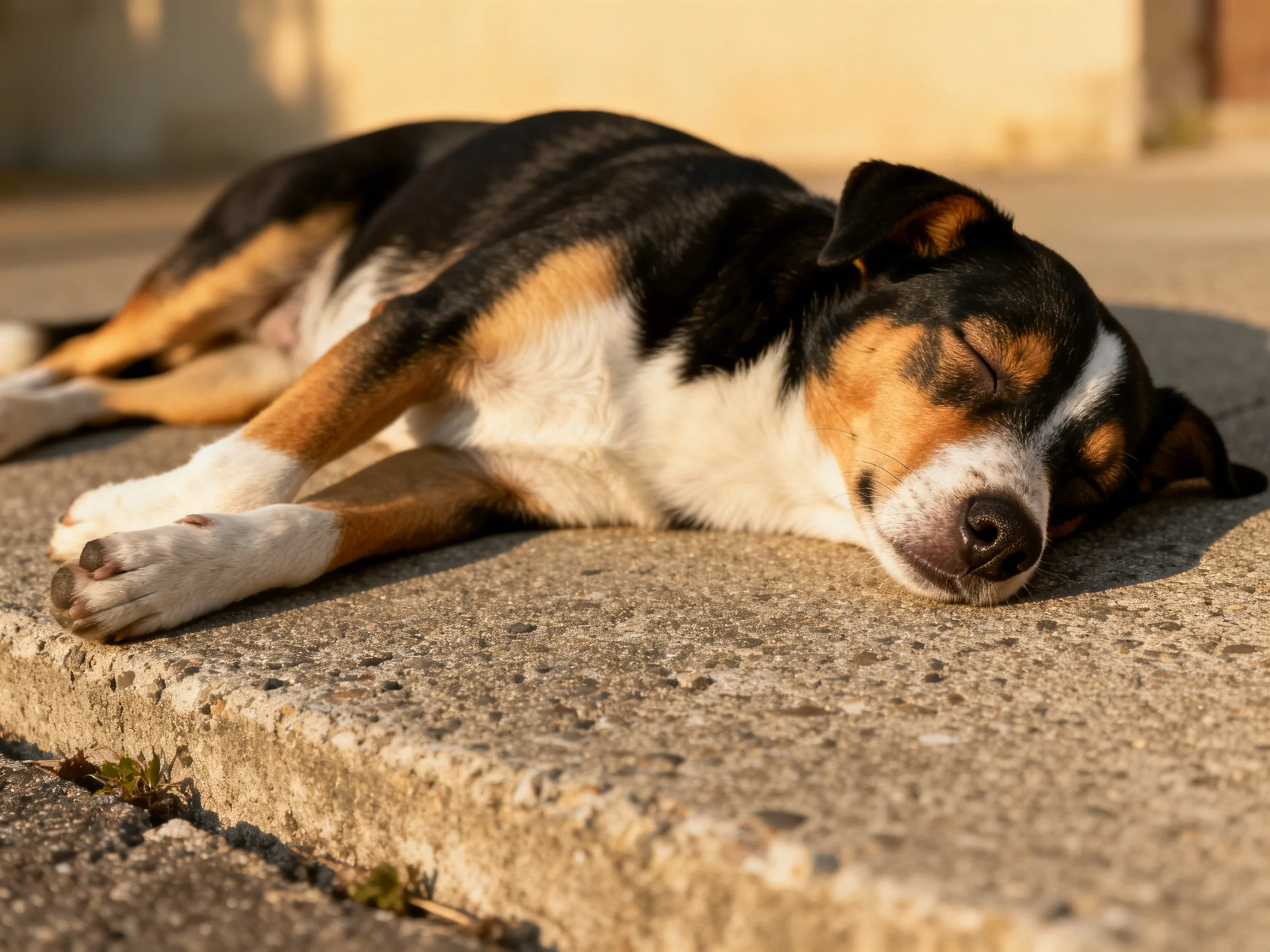 A tricolor dog sleeps on a sunlit concrete sidewalk