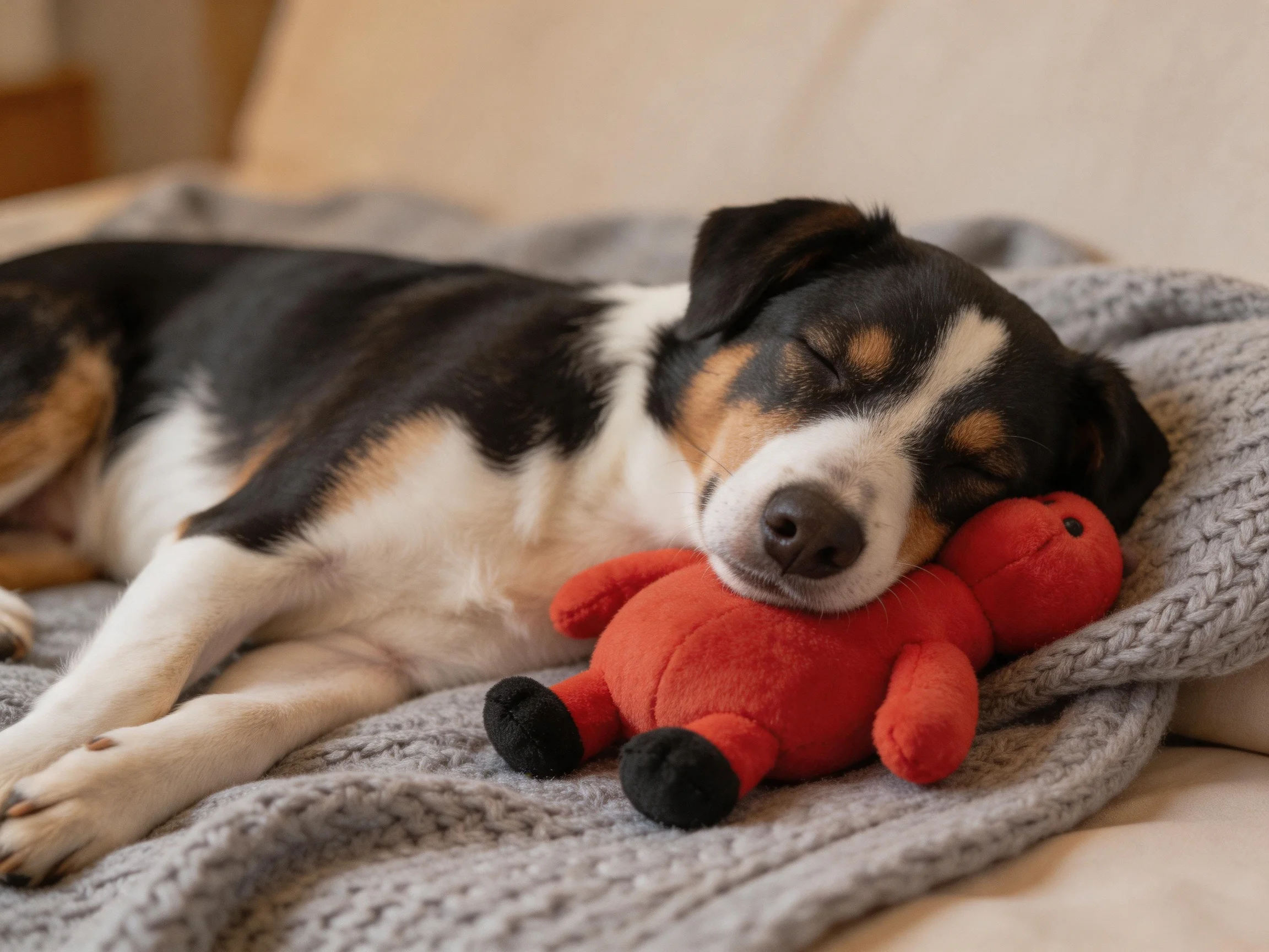 A tricolor dog sleeps with a red plush toy on a soft gray blanket