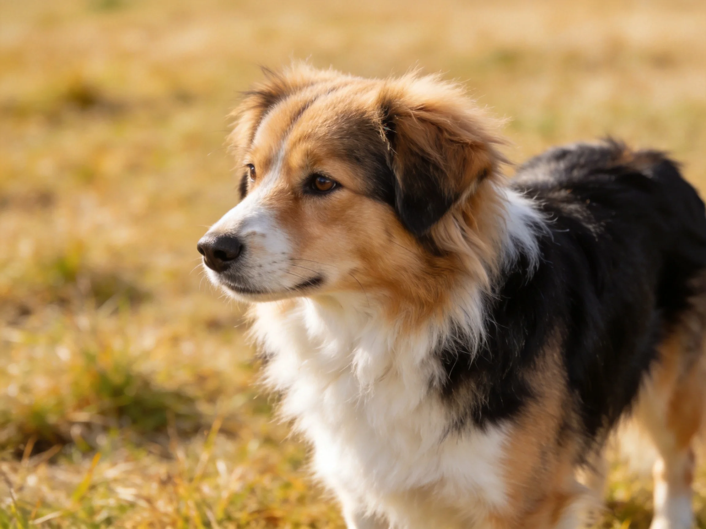 A tricolor dog stands alert amid sunlit golden grass