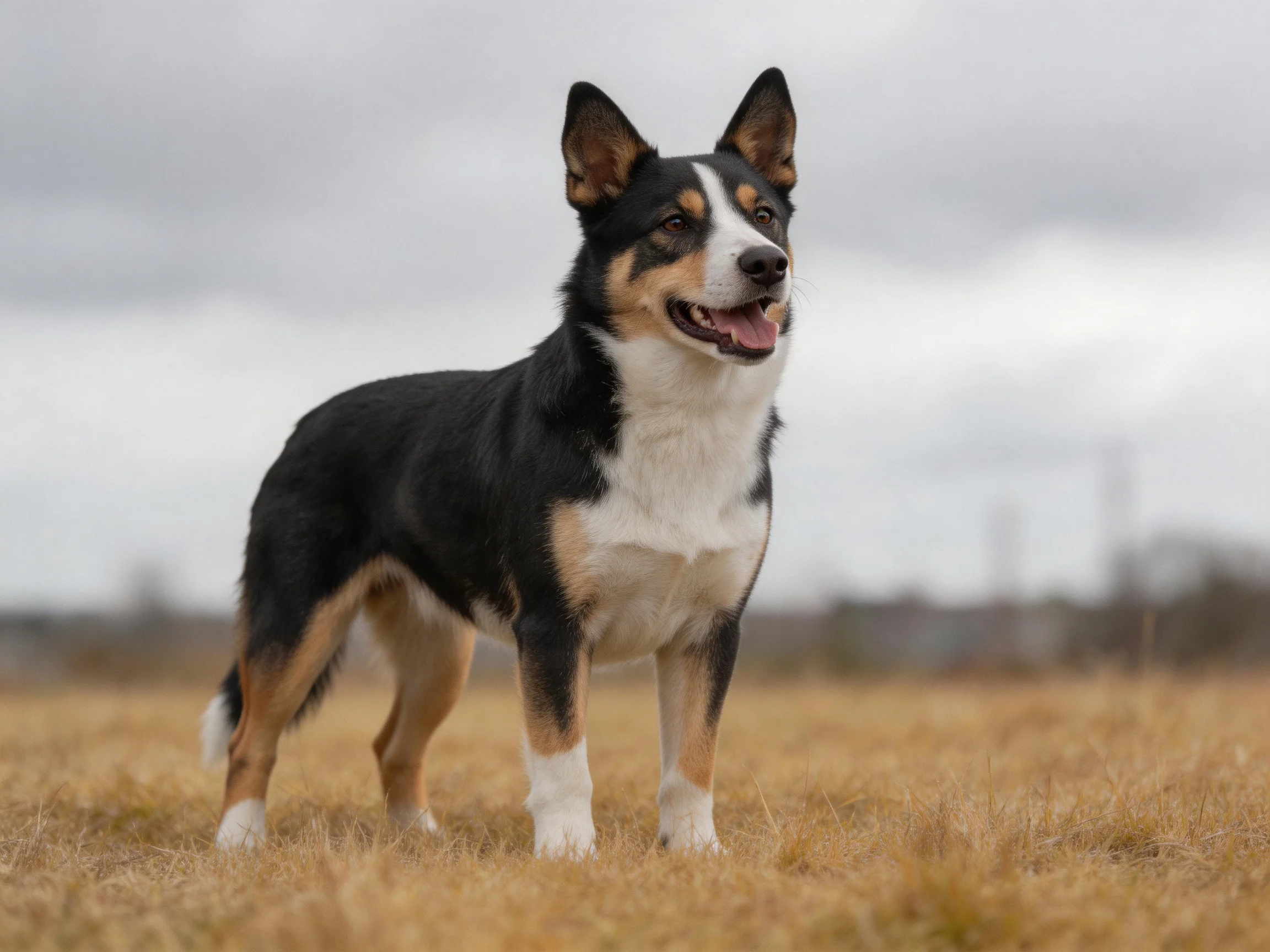 A tricolor dog stands alert in a dry grassy field under cloudy skies