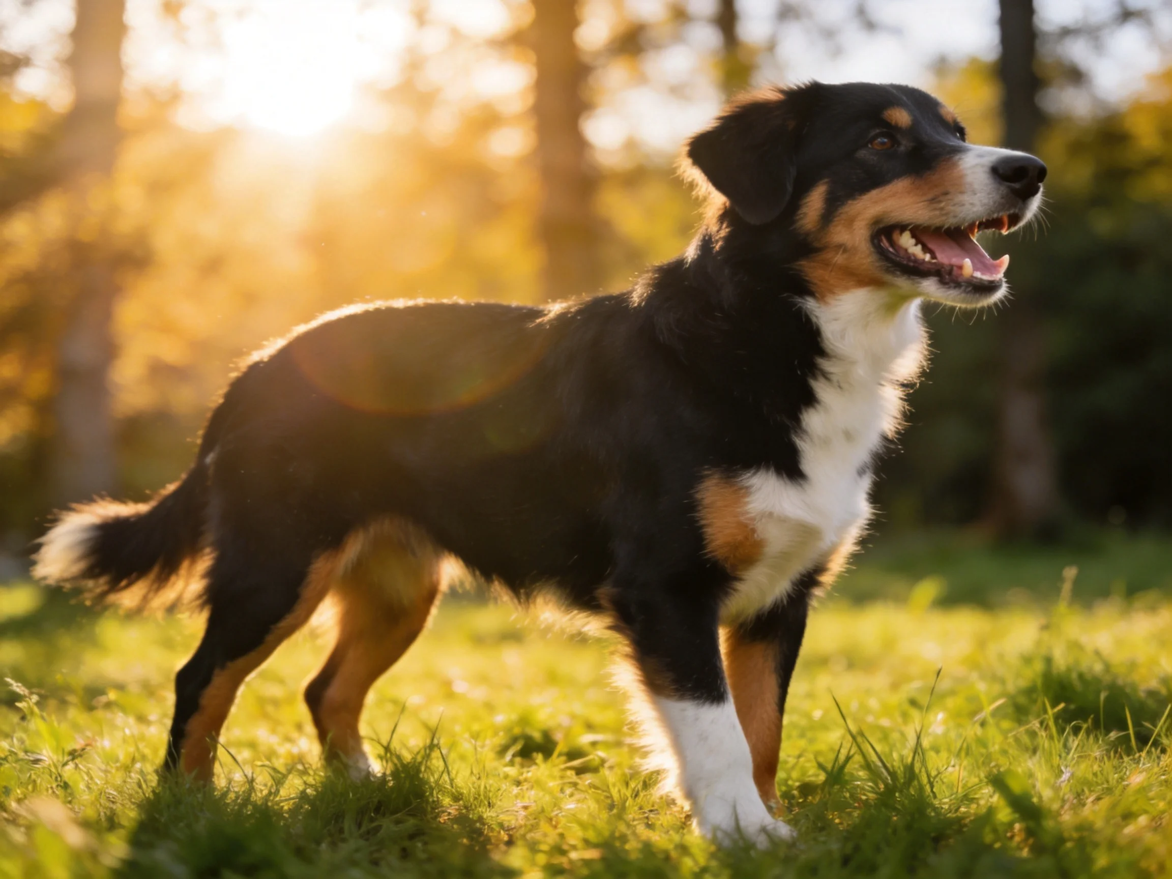 A tricolor dog stands alert in a sunlit forest clearing