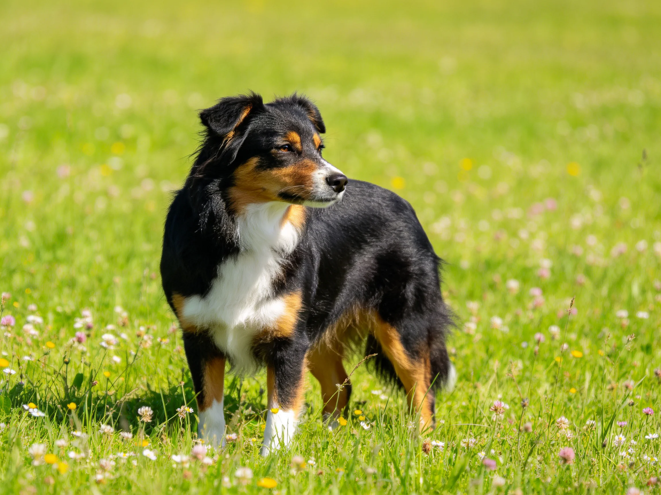 A tricolor dog stands alert in a vibrant flower-filled meadow