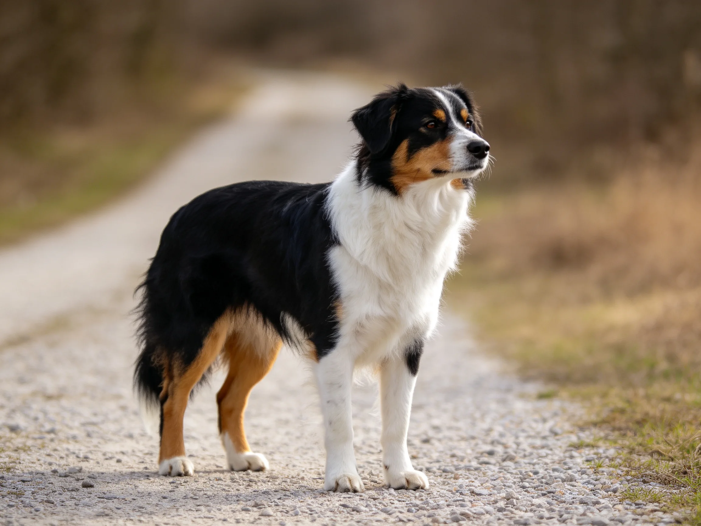 A tricolor dog stands alert on a gravel path near wooded areas