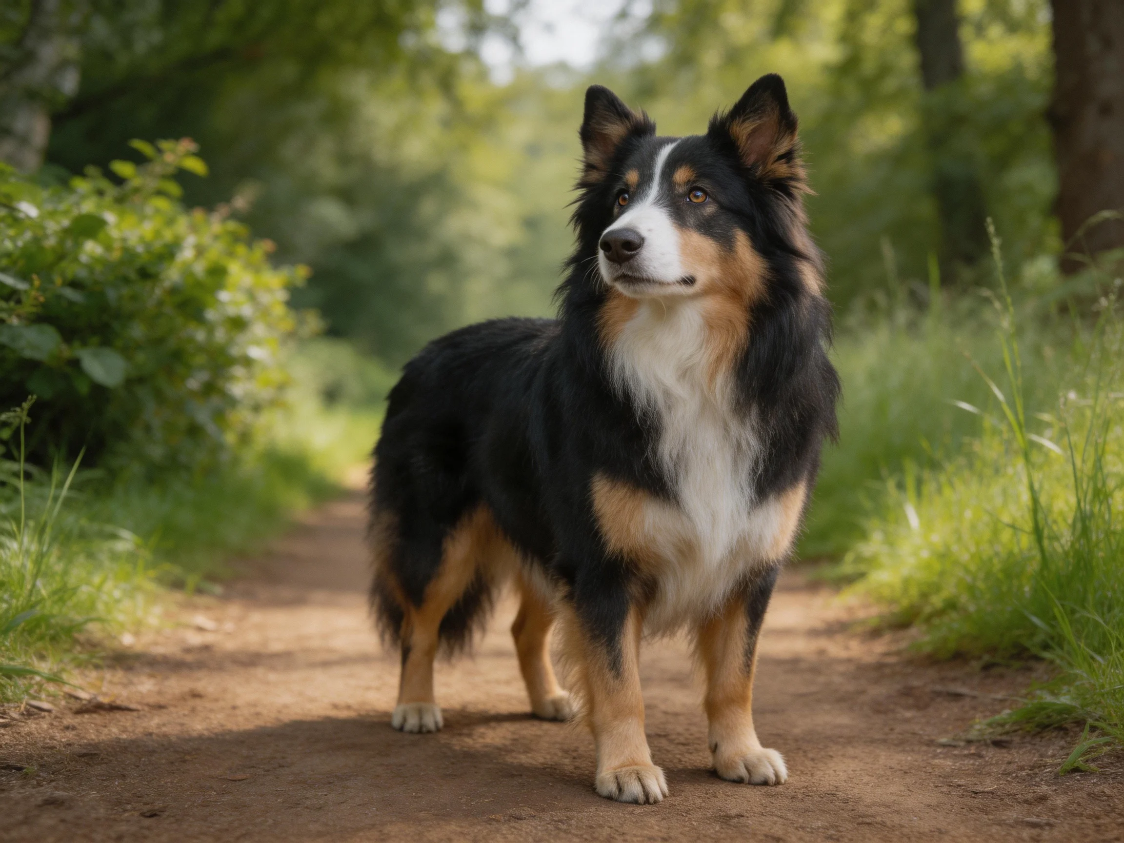 A tricolor dog stands alert on a dirt path surrounded by greenery.