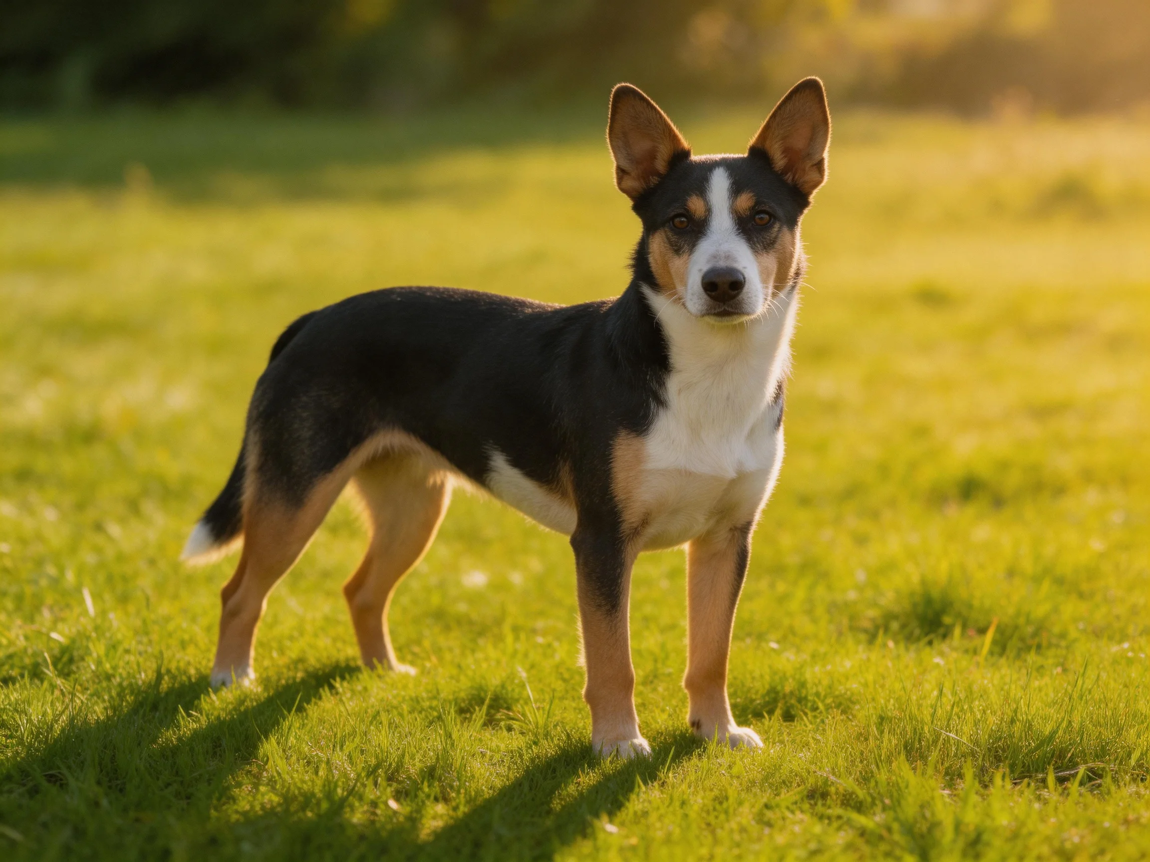 A tricolor dog stands alert on sunlit green grass
