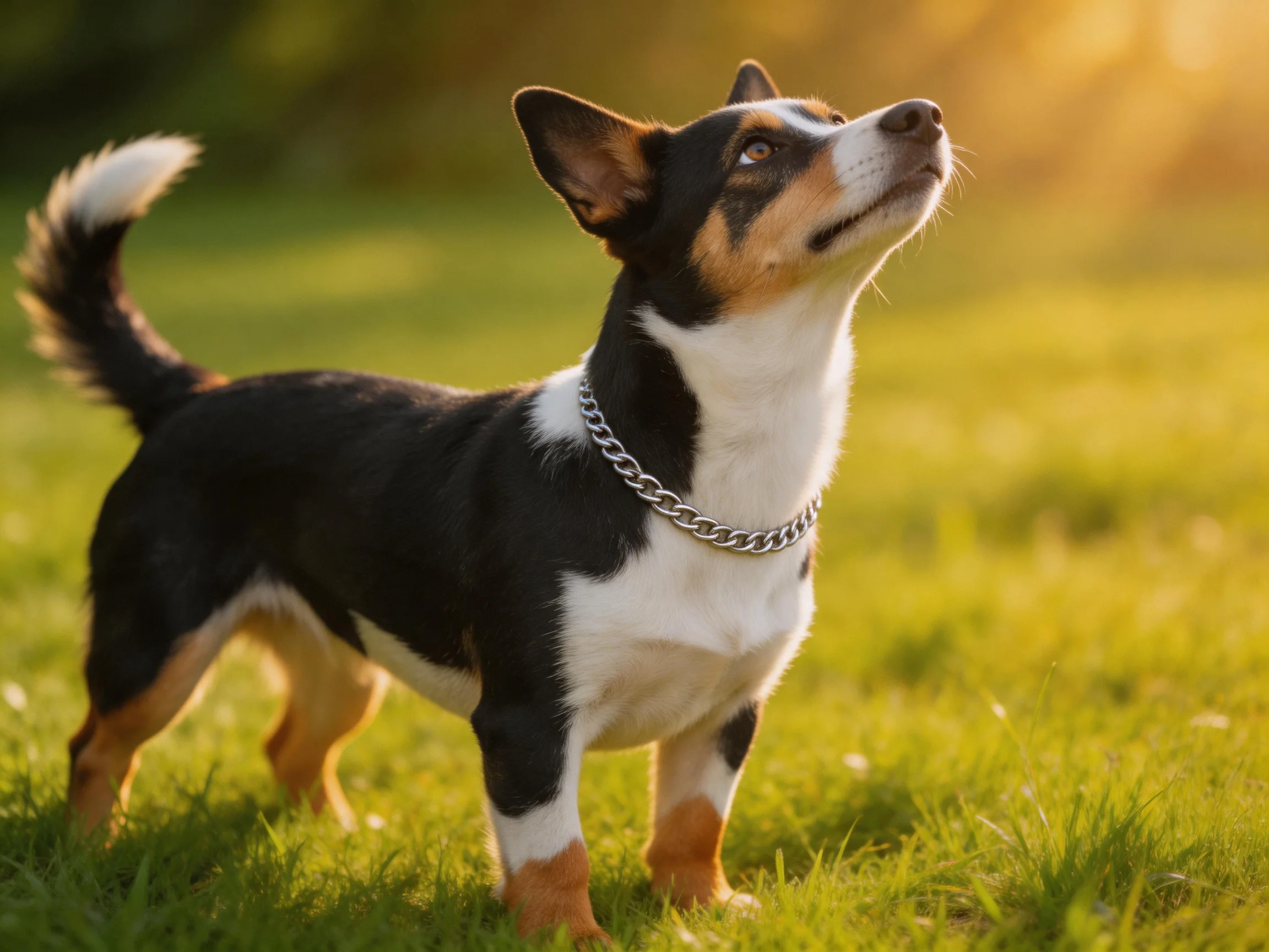 A tricolor dog looks upward while standing on grass in bright sunlight