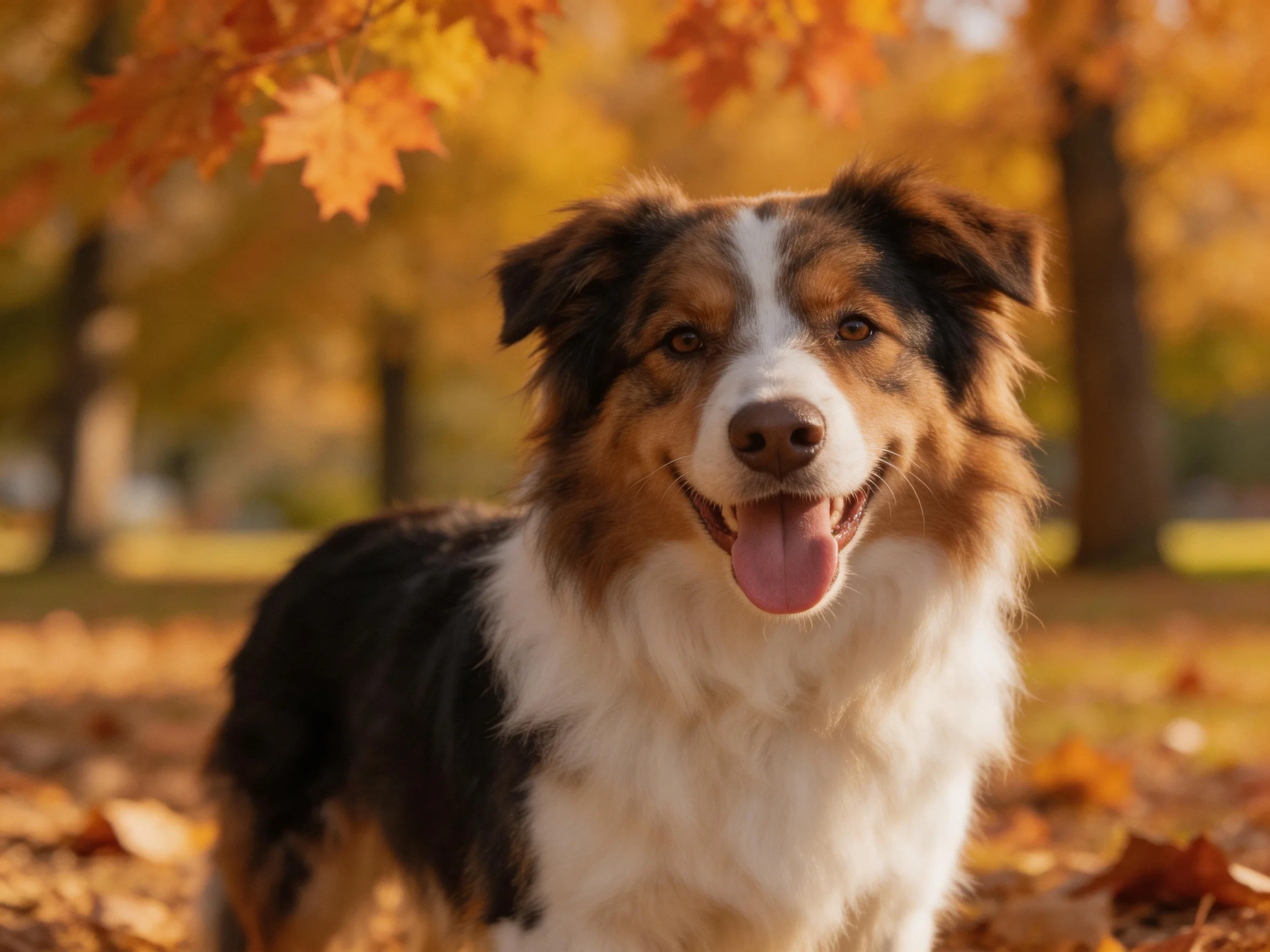 A cheerful tricolor dog enjoys an autumn day among fallen leaves.