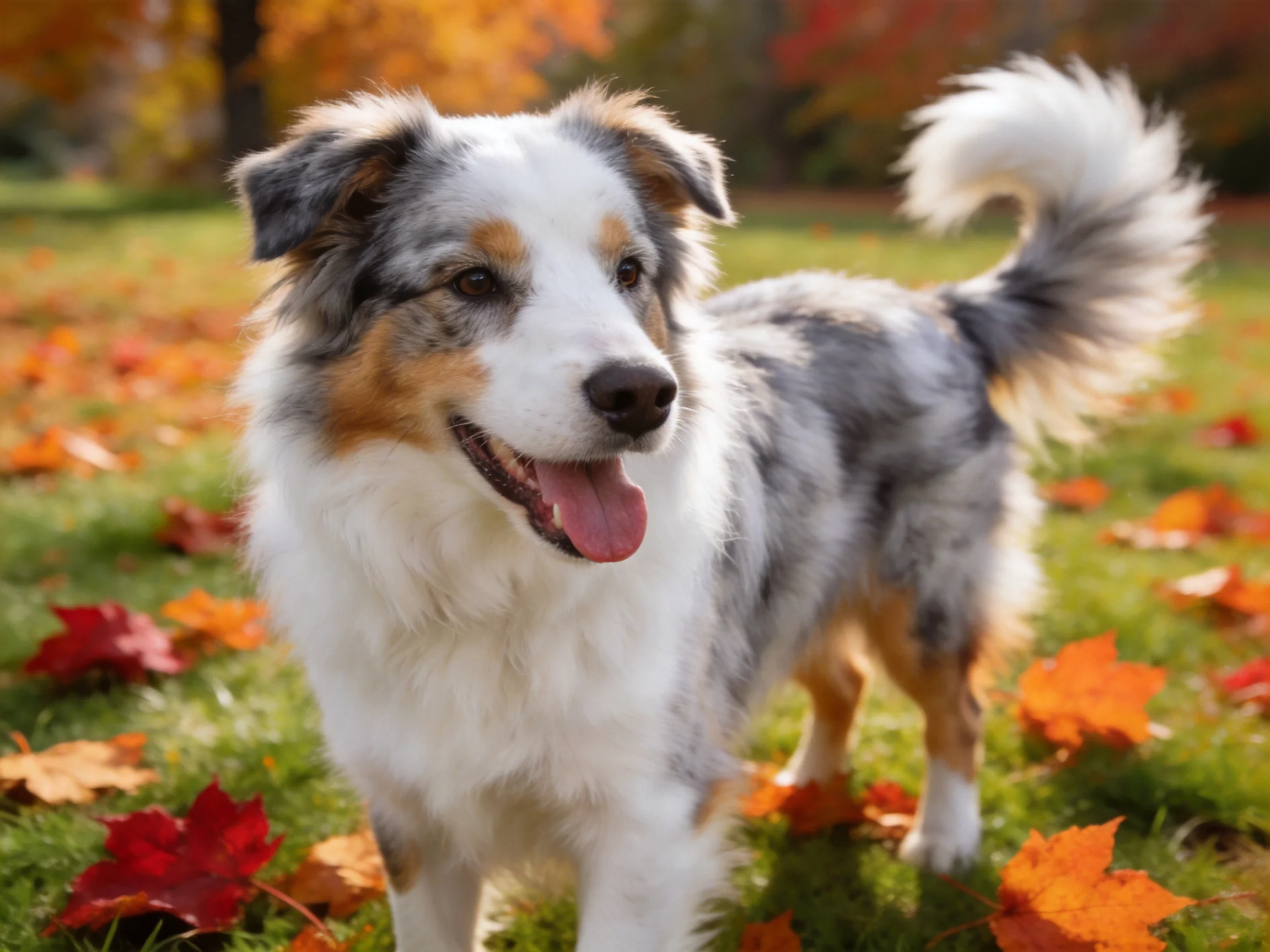 A tricolor dog enjoys a sunny day amid colorful fallen leaves.