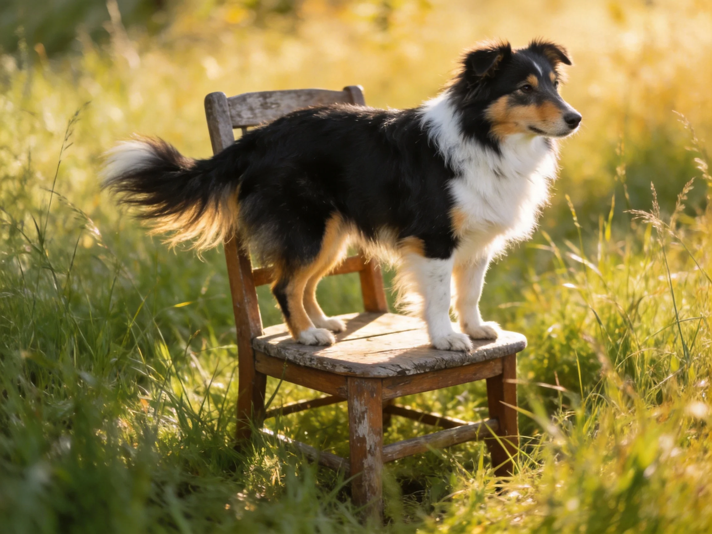 A tricolor dog stands on a weathered wooden chair in a sunlit grassy area.