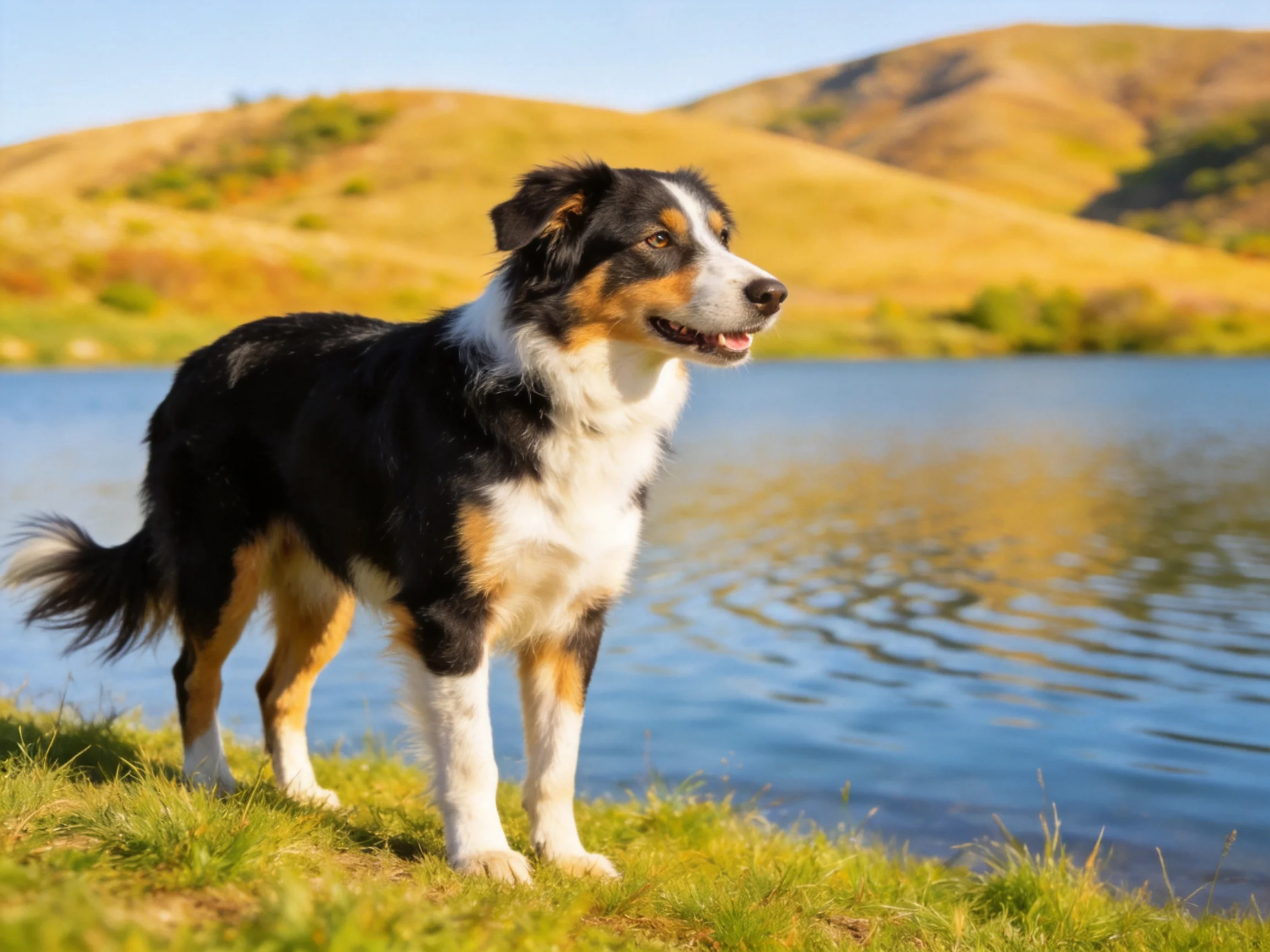 A tricolor dog stands by a calm lake with golden hills