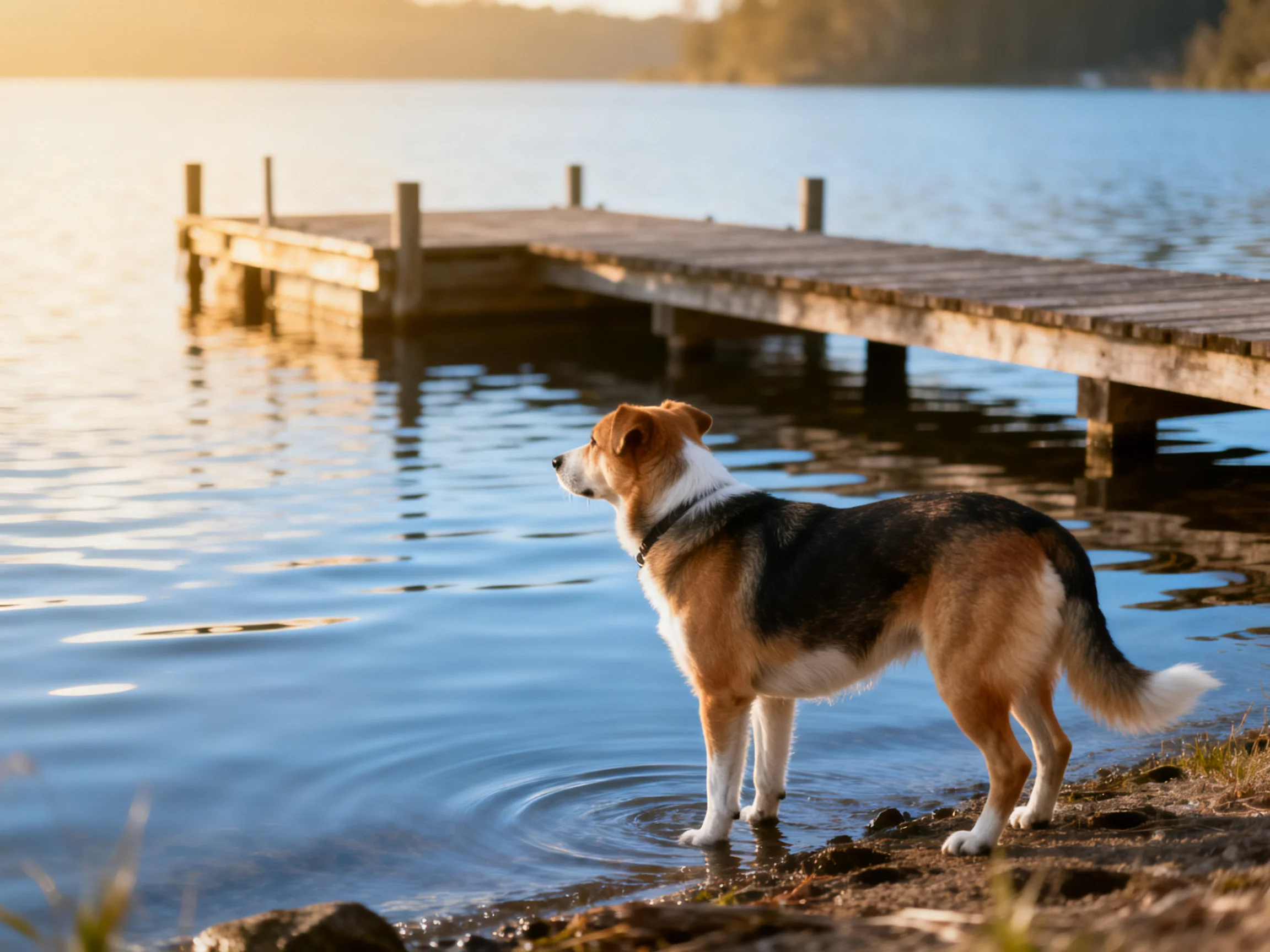 A tricolor dog stands by a weathered wooden dock near calm waters.