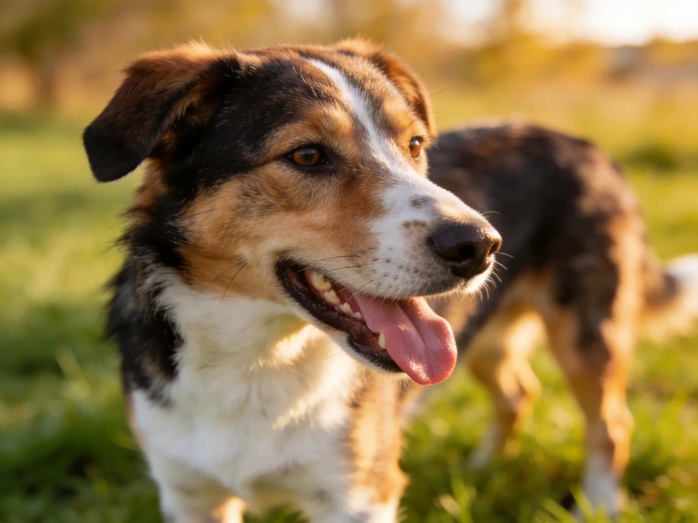 A tricolor dog relaxes happily in a sunlit grassy environment.