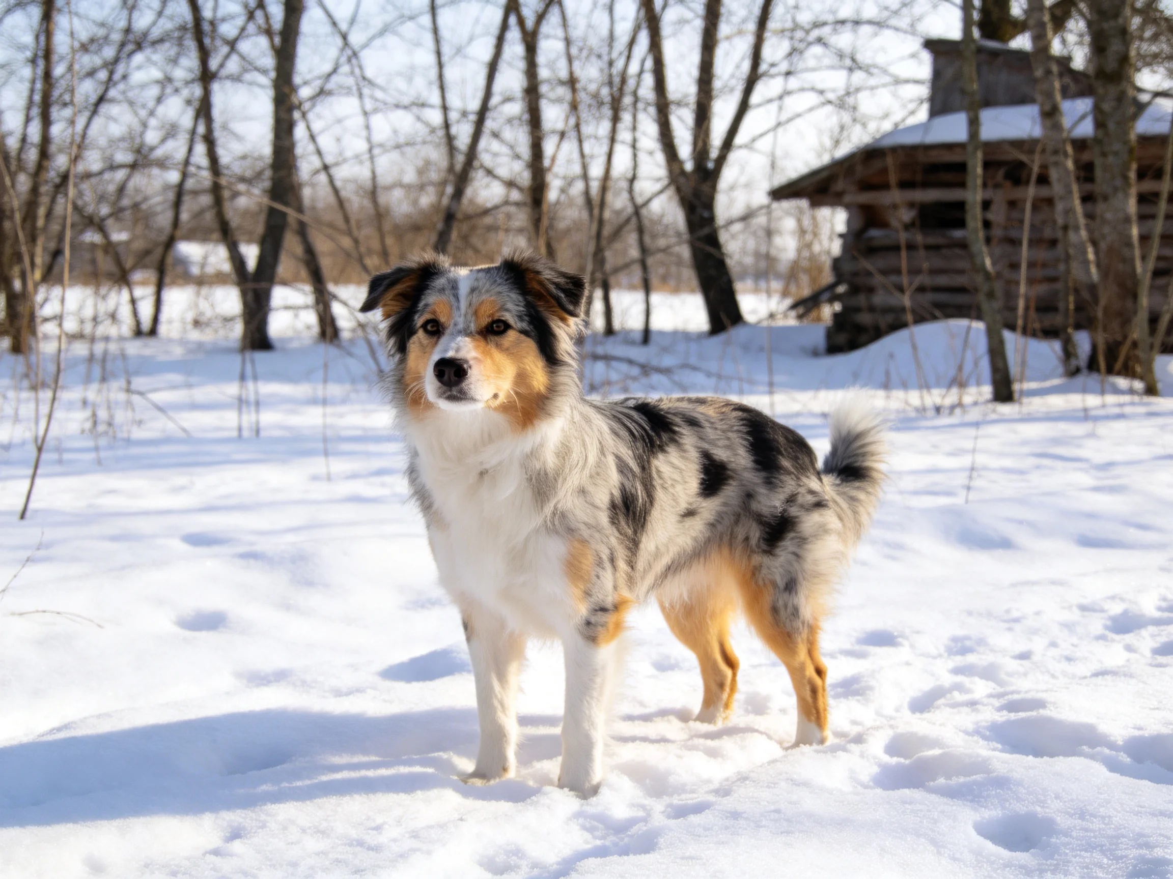 A tricolor dog stands in a snowy field near a wooden structure
