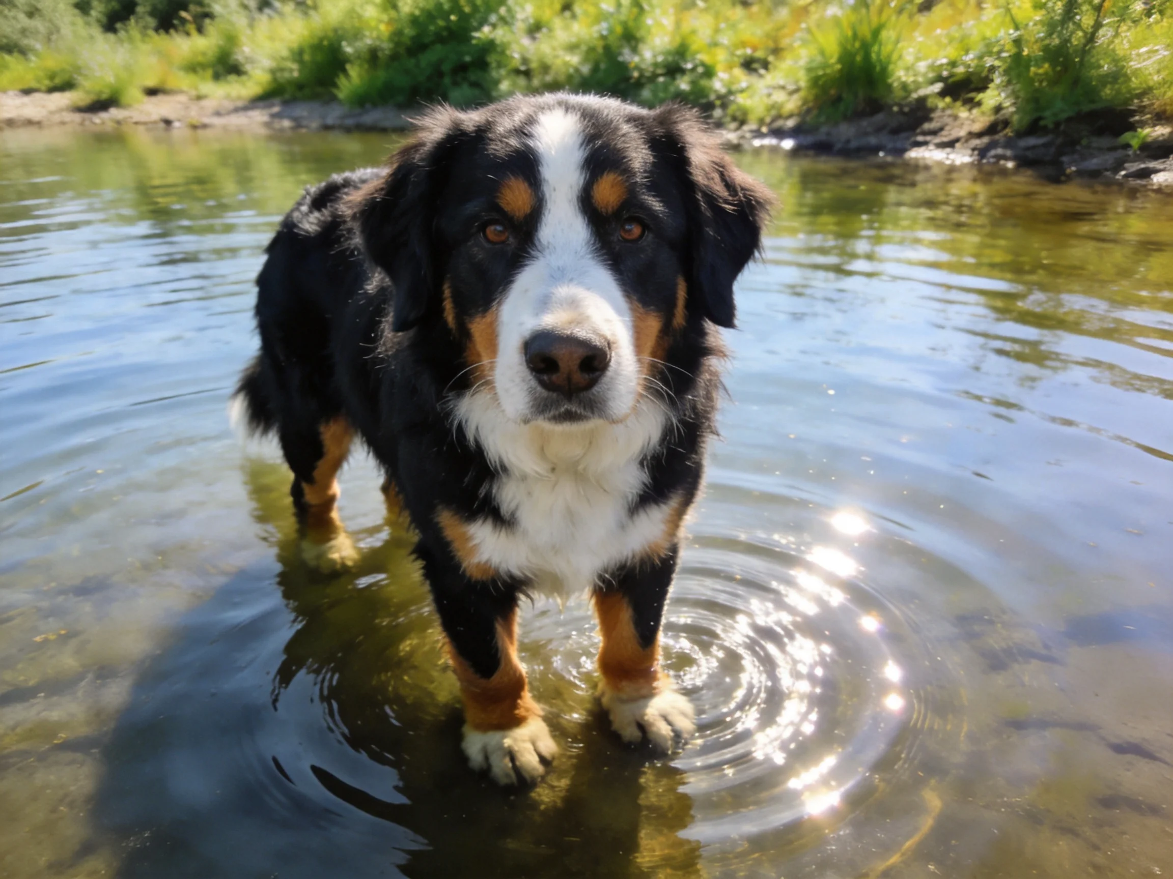 A tricolor dog stands in shallow water with greenery nearby