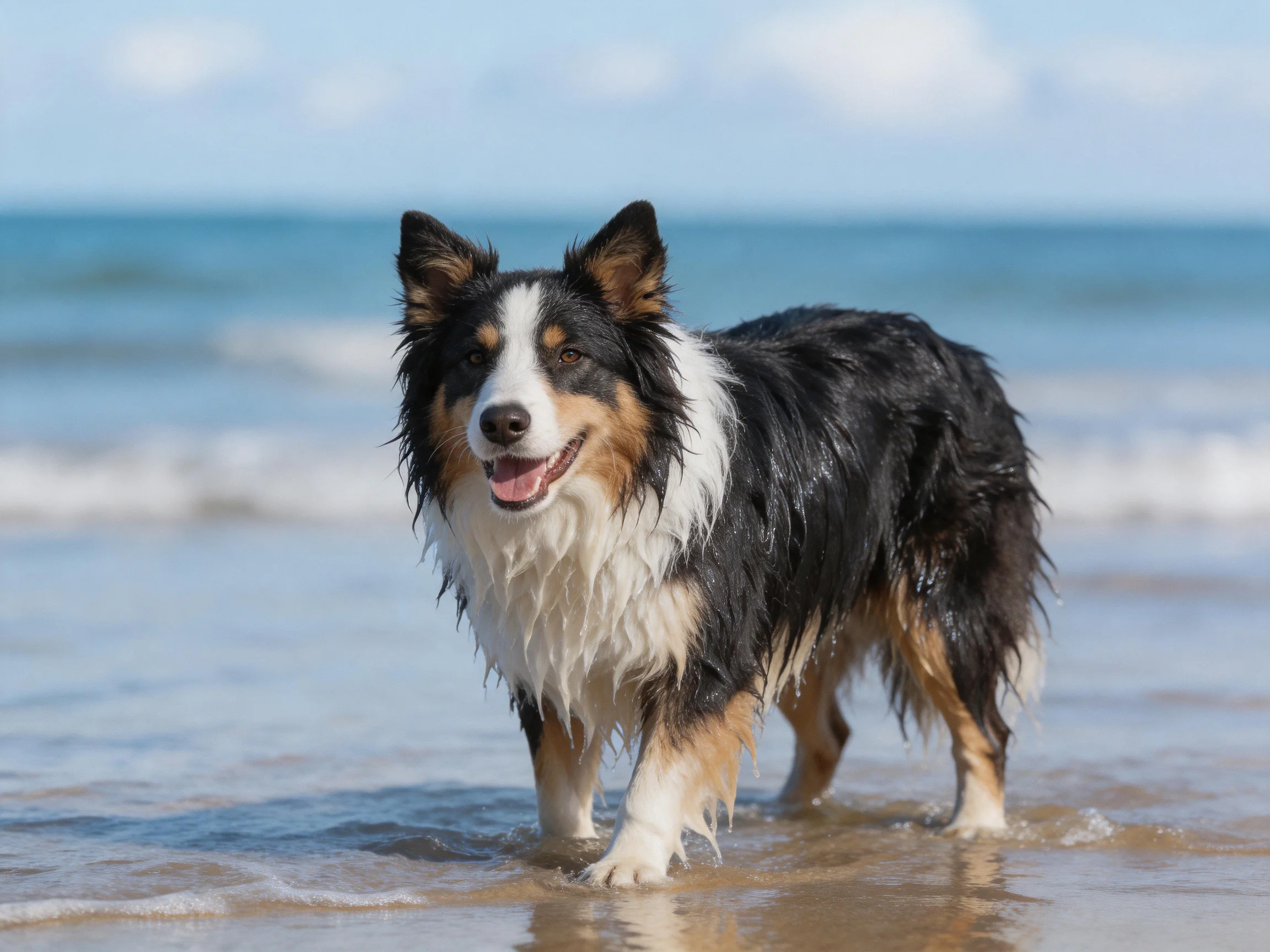 A tricolor dog enjoys the shallow ocean water at the beach shoreline.