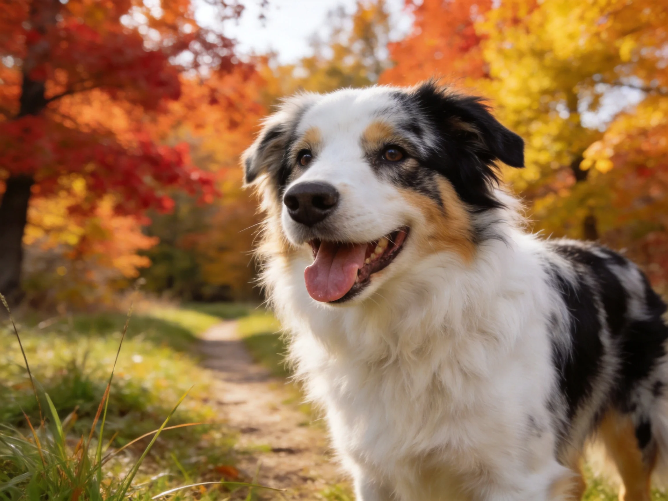 A cheerful tricolor dog enjoys time outdoors among colorful autumn trees and a dirt path.