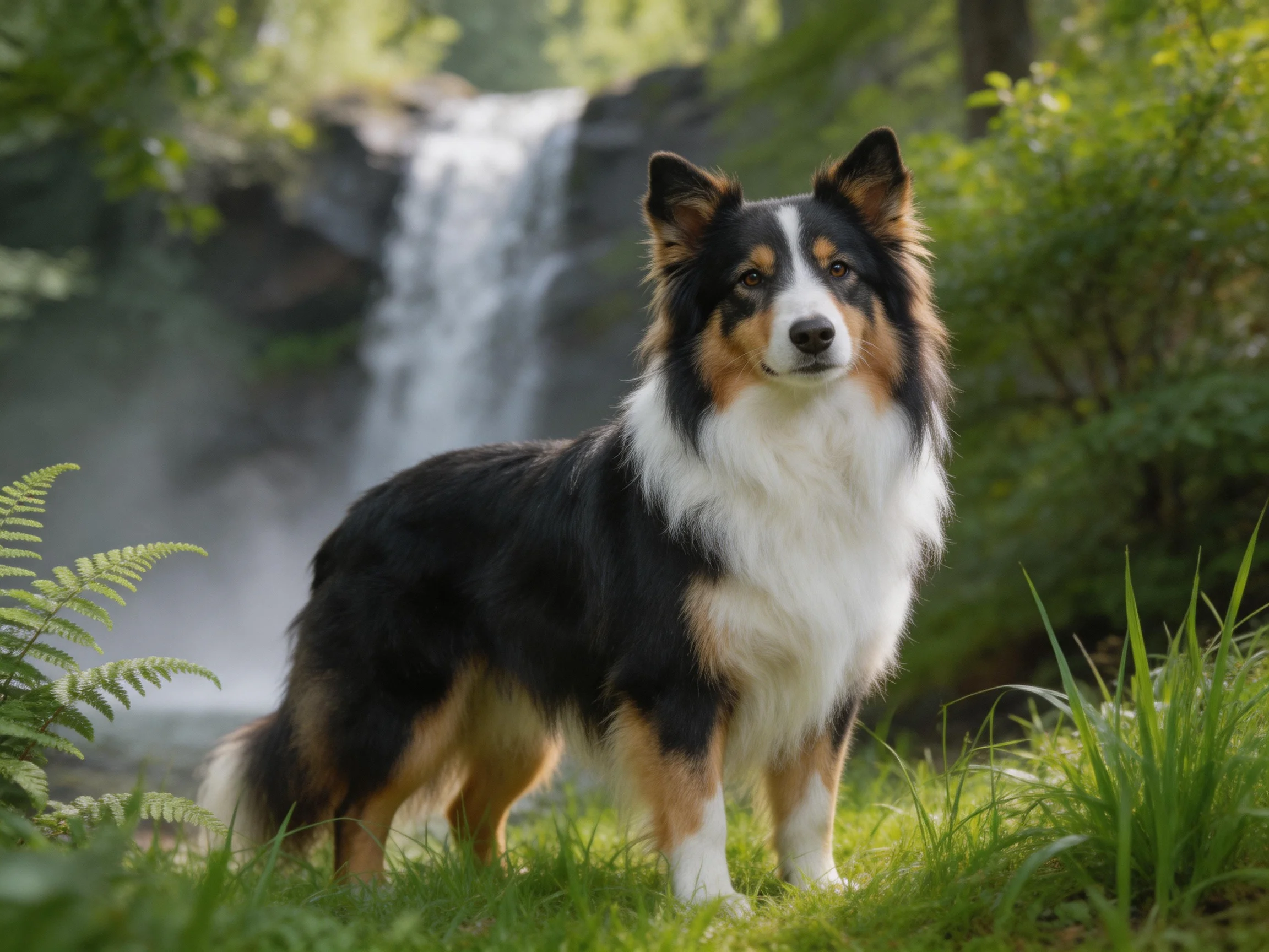 A tricolor dog stands on grass near a misty forest waterfall.