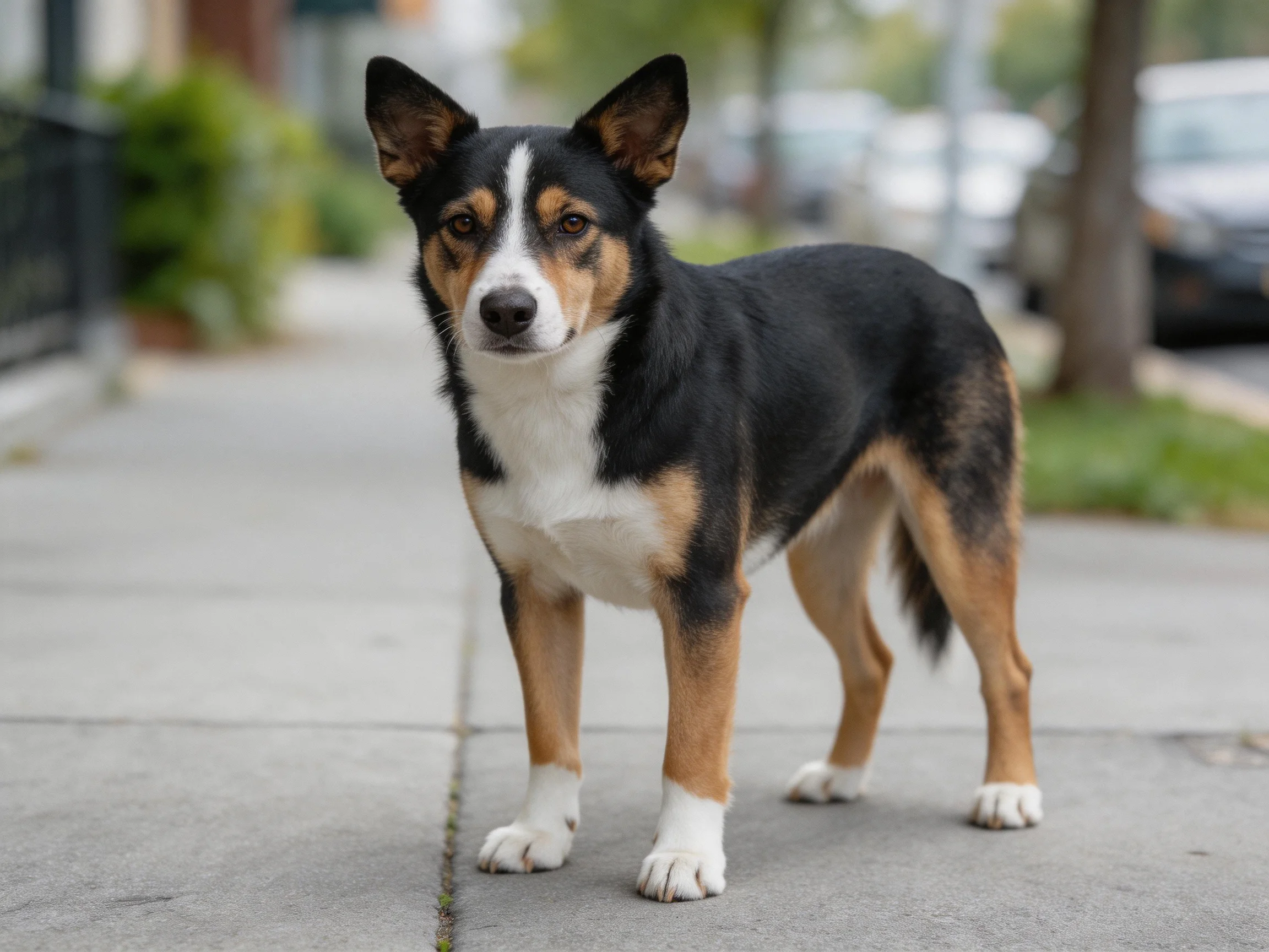 A tricolor dog stands on a sidewalk in an urban setting