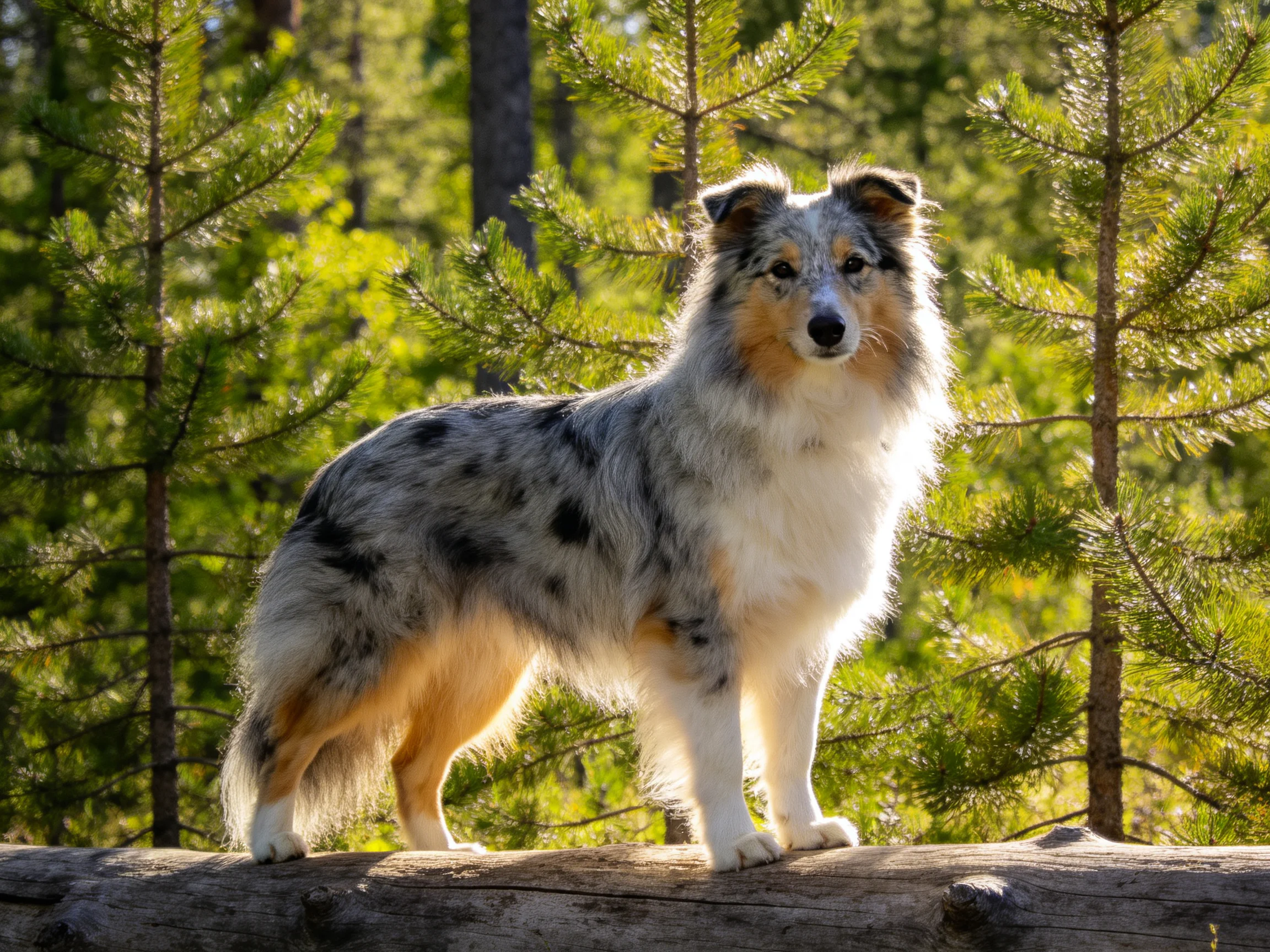 A tricolor dog stands on a fallen log amid lush green pine trees