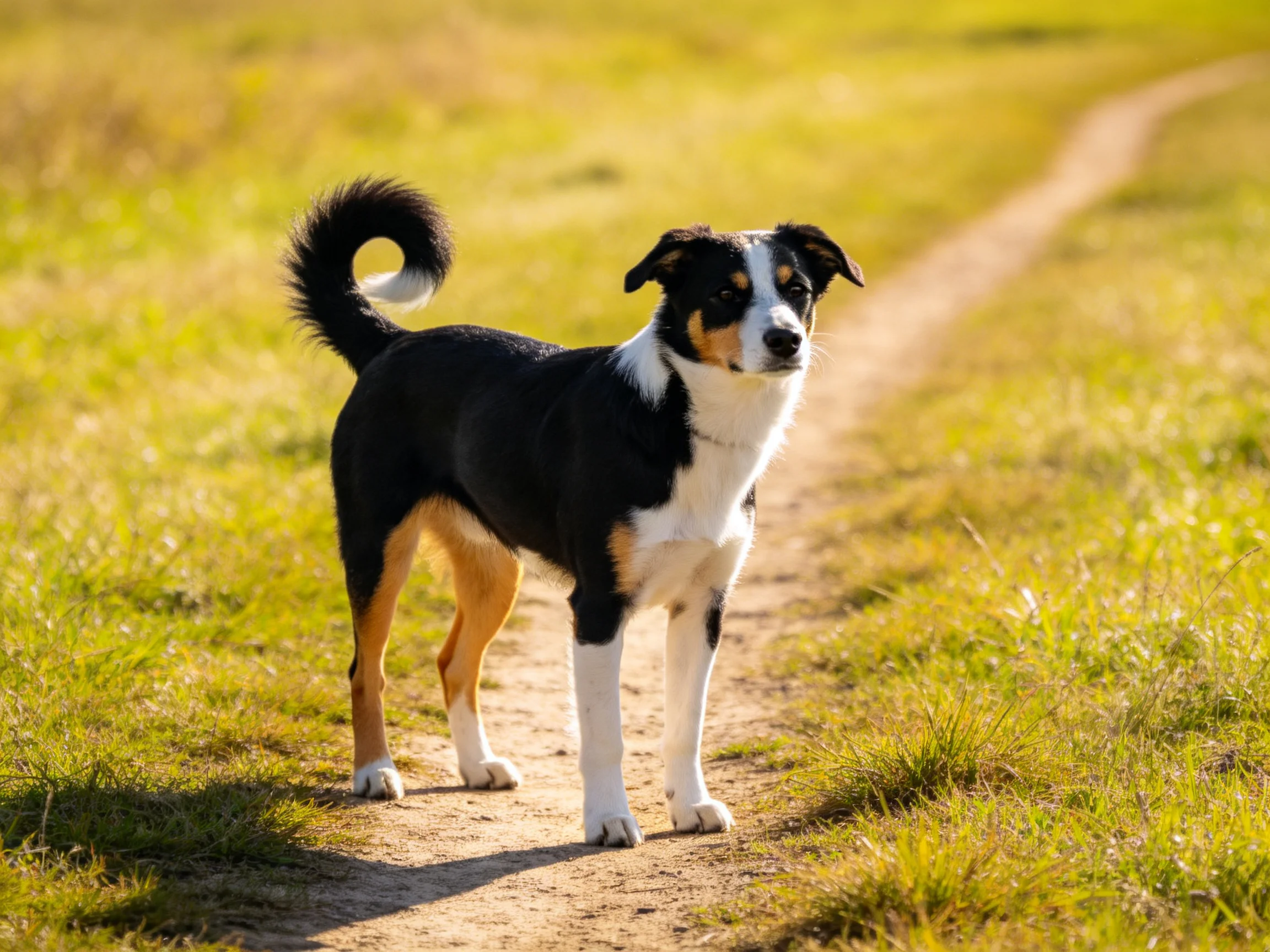 A tricolor dog stands alert on a sunlit dirt path in a grassy field.