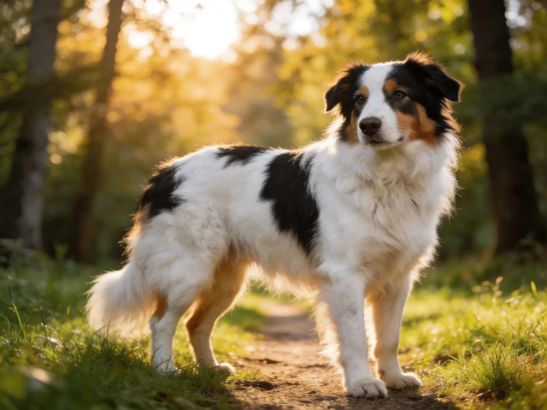 A tricolor dog stands on a sunlit forest path surrounded by trees and grass.