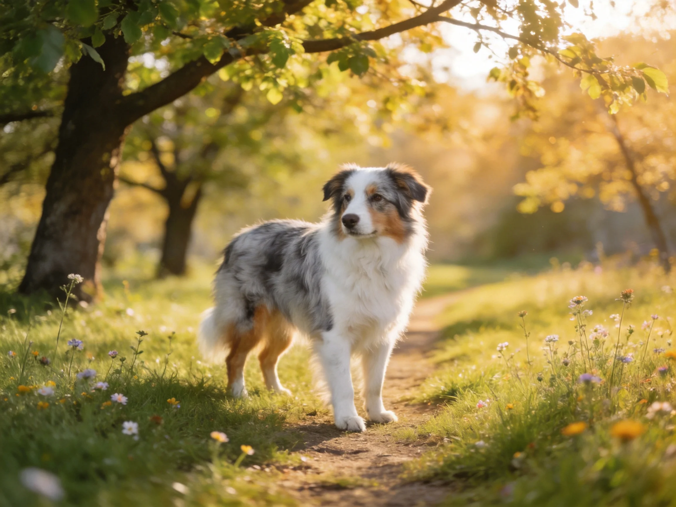 A tricolor dog stands on a sunlit forest path amid natures greenery and blooms.