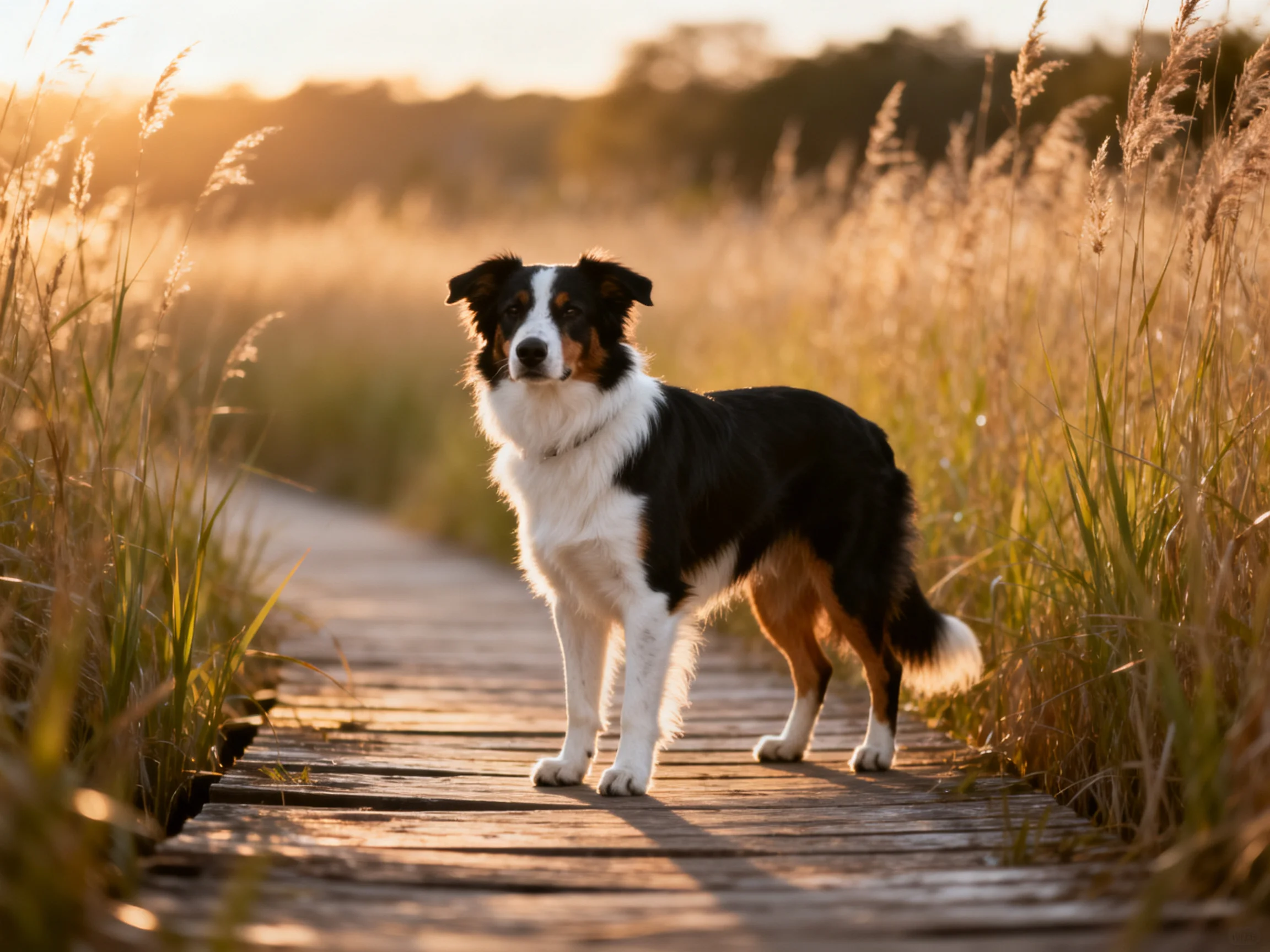 A tricolor dog stands on a wooden path amid golden grasses at sunset