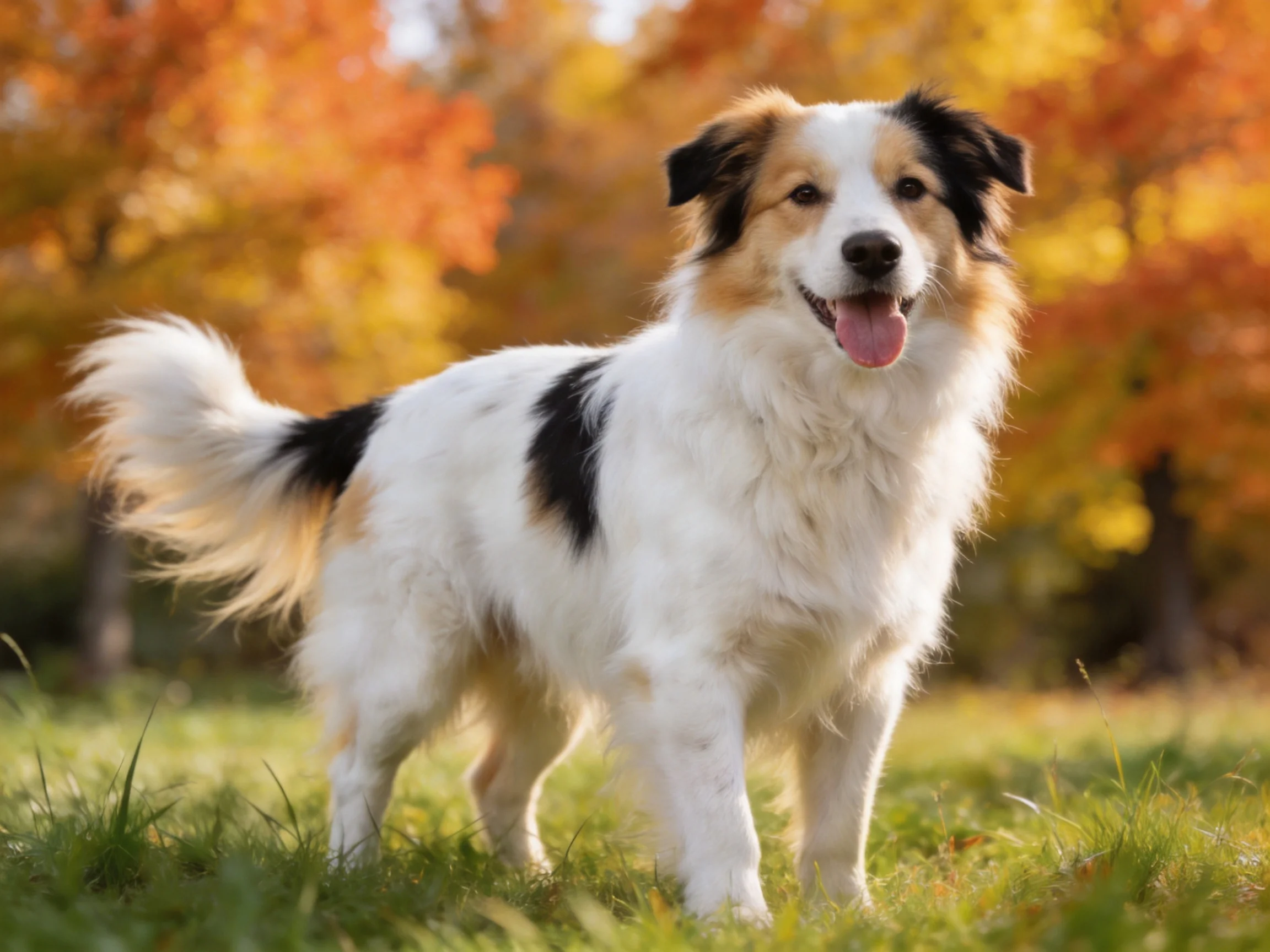 A cheerful tricolor dog stands on grass among autumn trees.