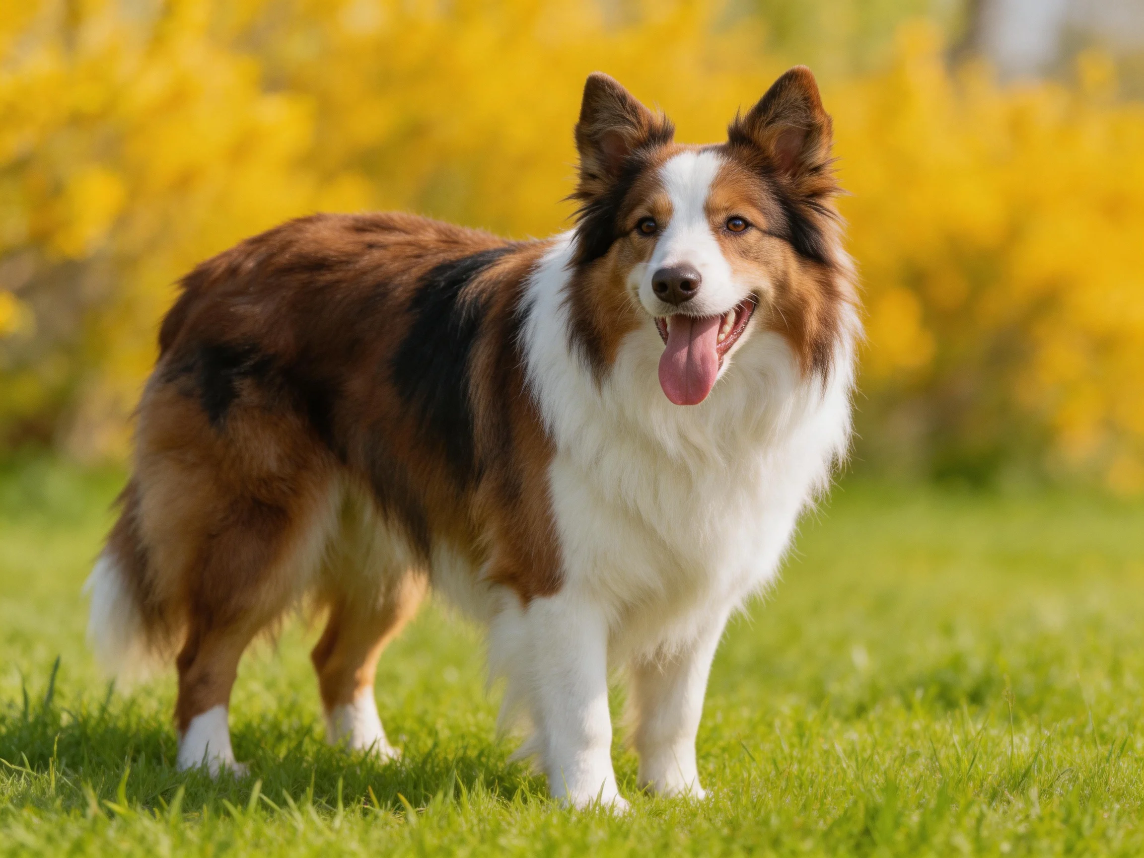 A tricolor dog relaxes on green grass near yellow bushes