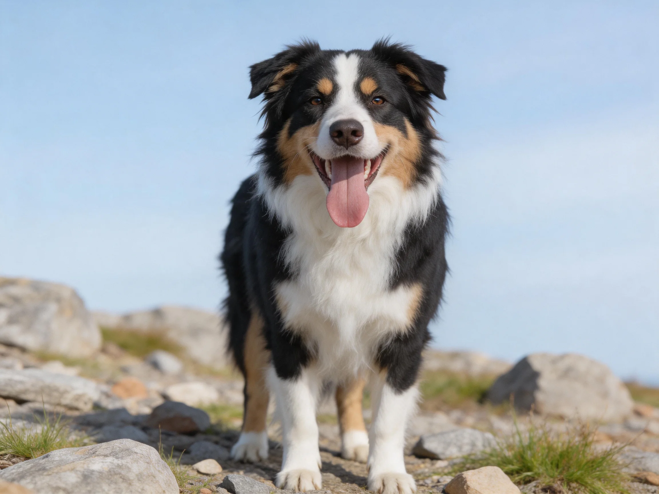 A tricolor dog stands on rocky terrain under clear blue sky