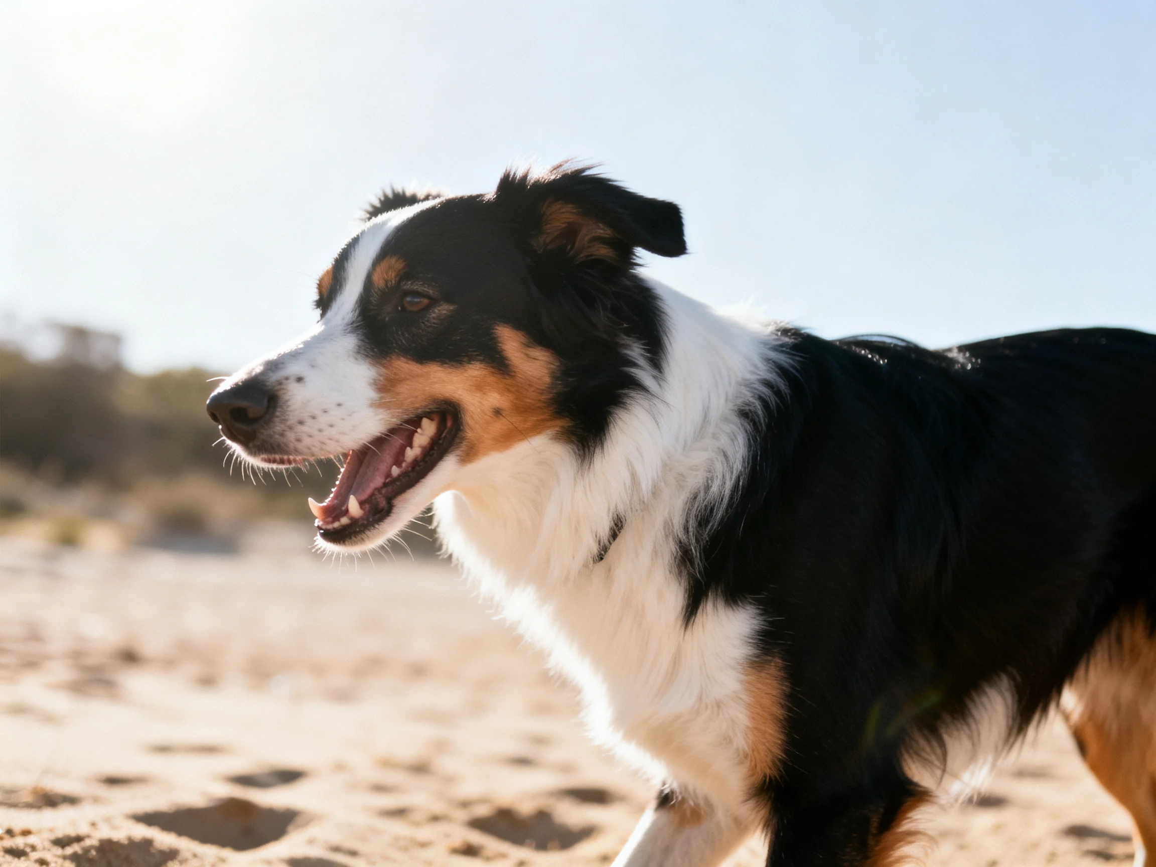 A tricolor dog stands on sandy terrain under bright sunlight