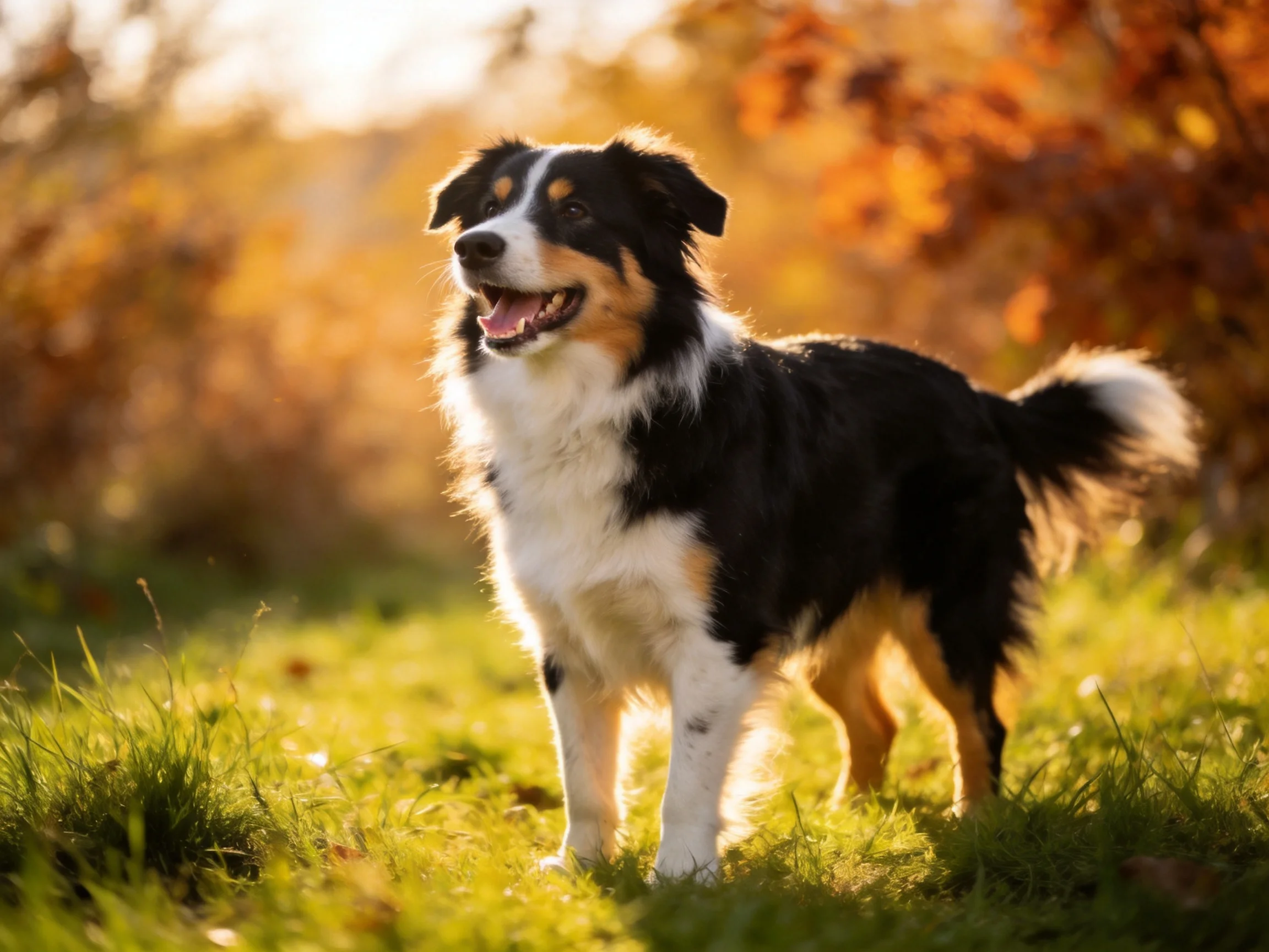 A tricolor dog is outdoors among autumn foliage and grass.
