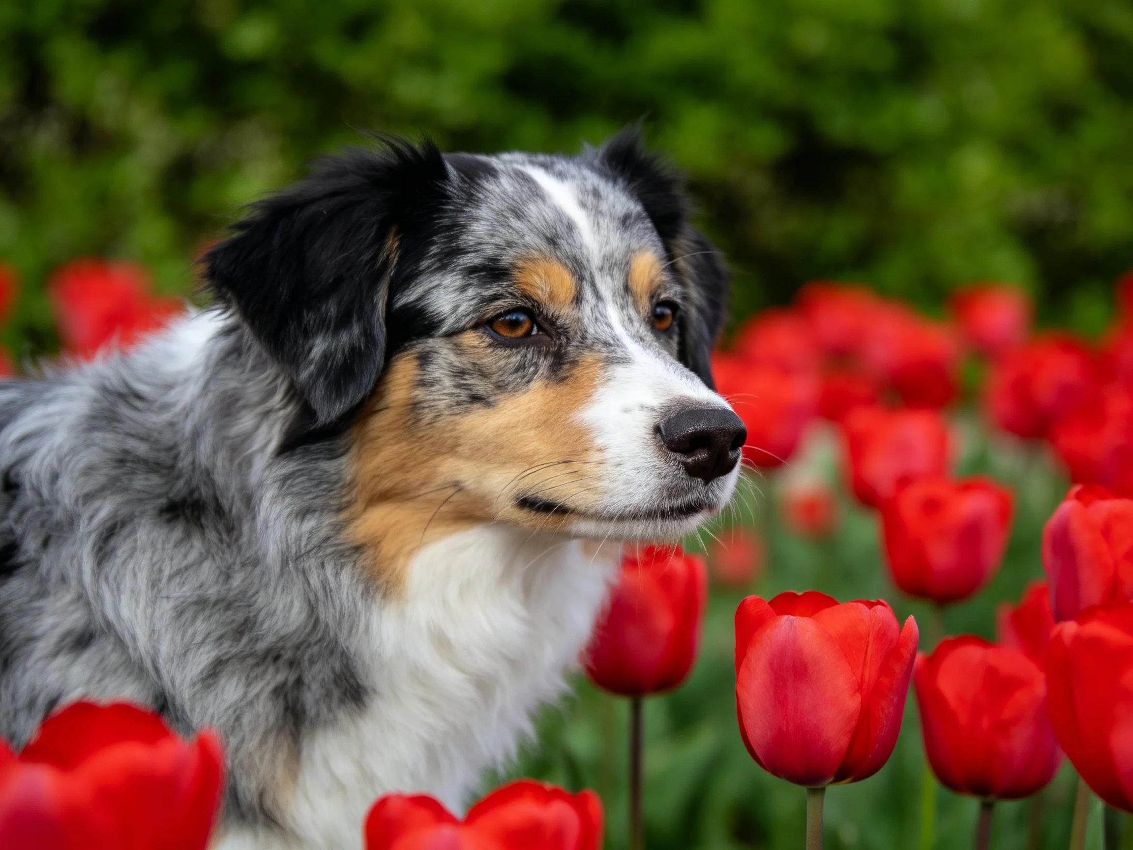 A tricolor dog is among red tulips in a lush garden.