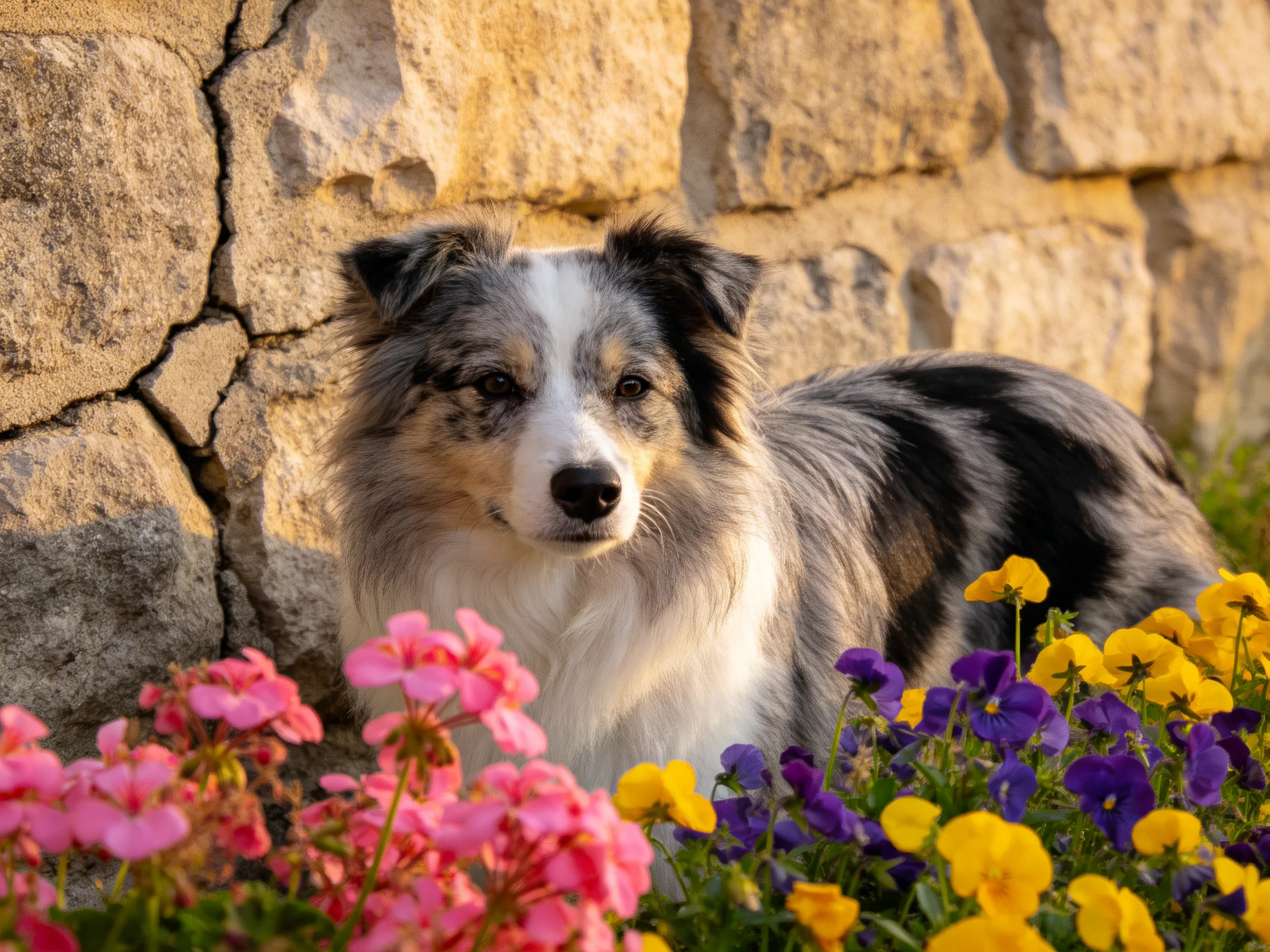 A tricolor dog sits among colorful flowers next to an aged stone wall.