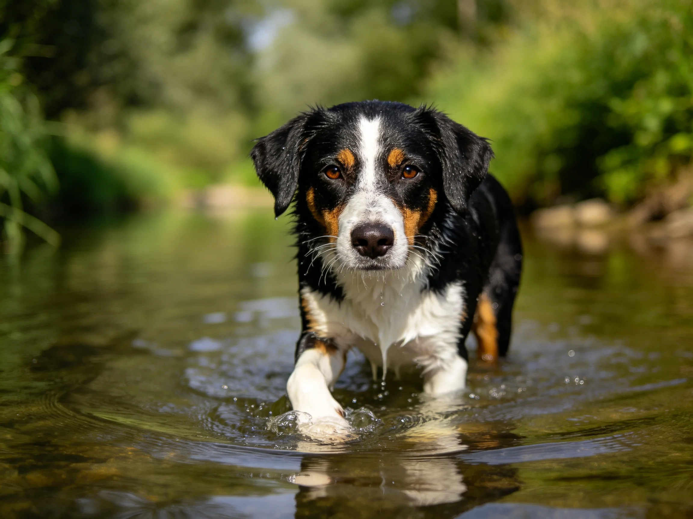 A tricolor dog wades through shallow water amid lush greenery