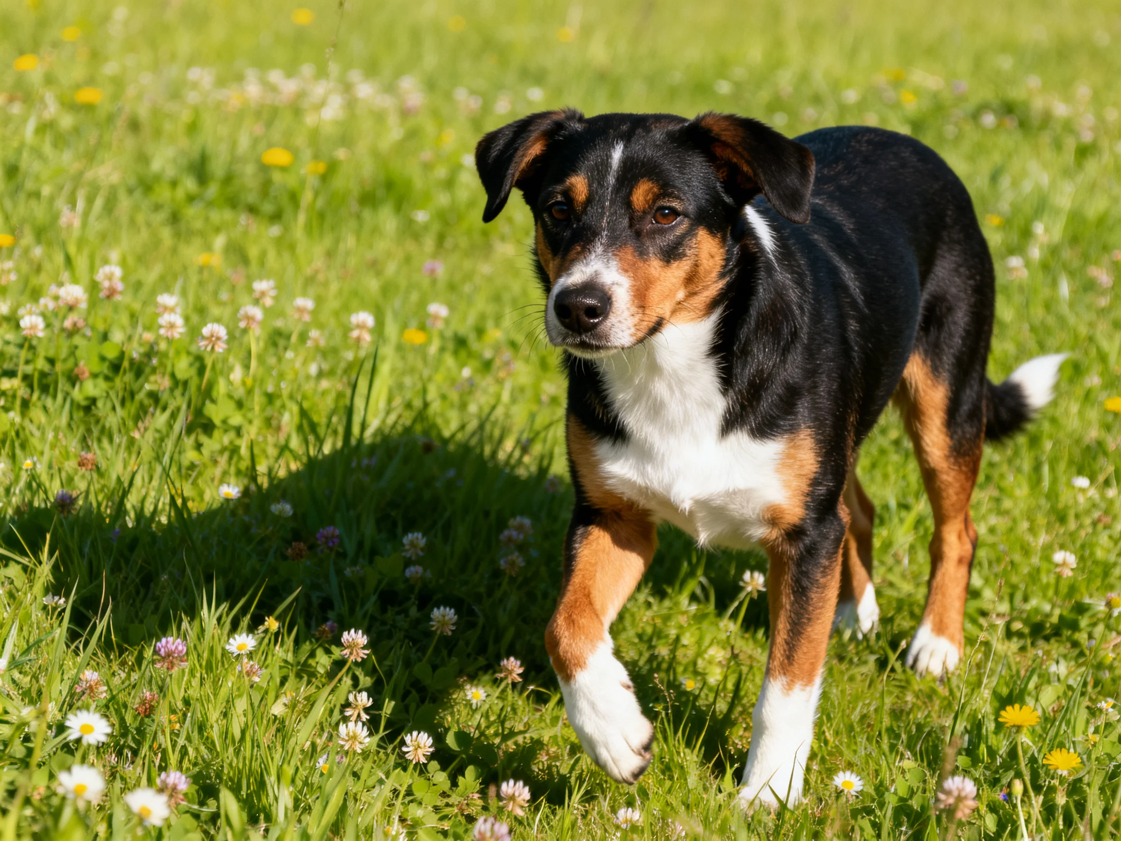 A tricolor dog walking through a vibrant flowered meadow