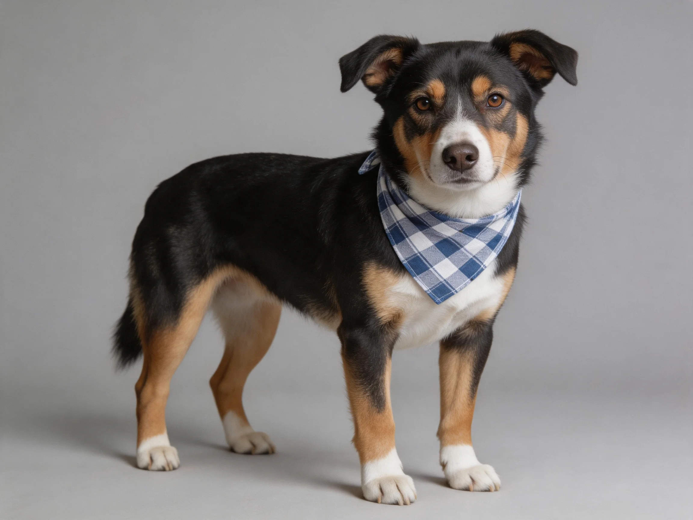 A tricolor dog with a blue-and-white checkered bandana stands against a gray backdrop