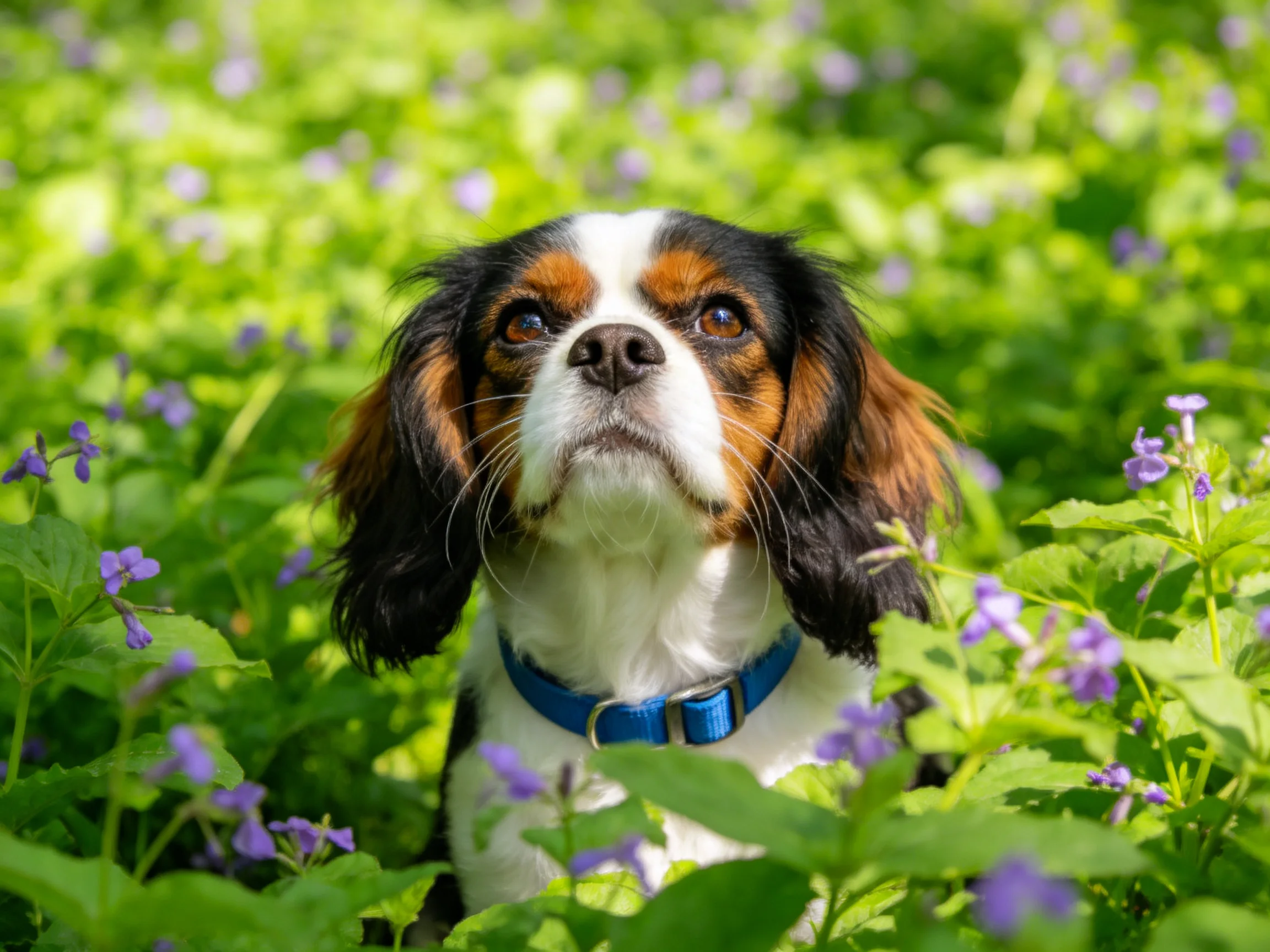 A tricolor dog with a blue collar sits among greenery and purple flowers.