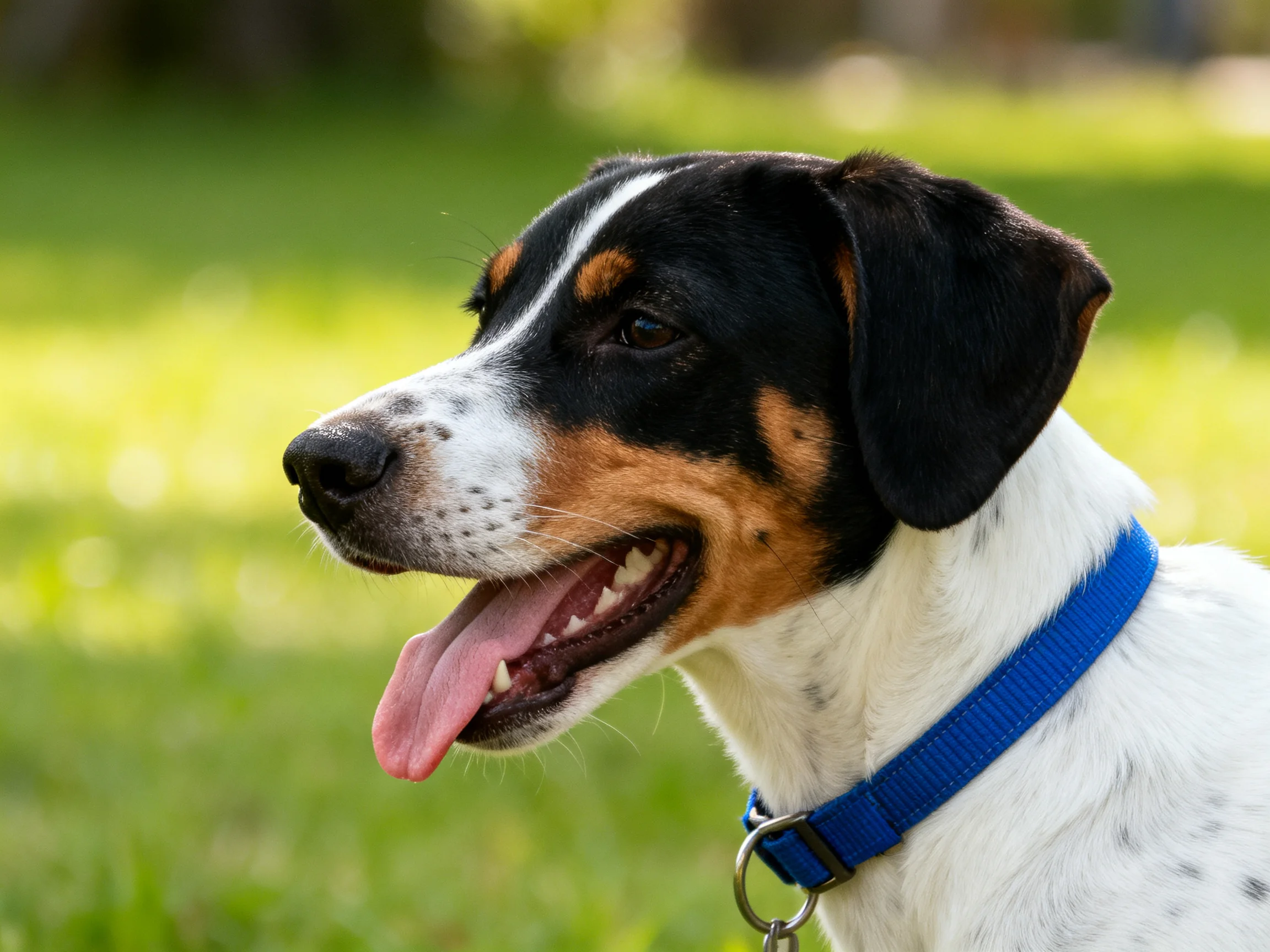 A tricolor dog with a blue collar in a sunlit outdoor area