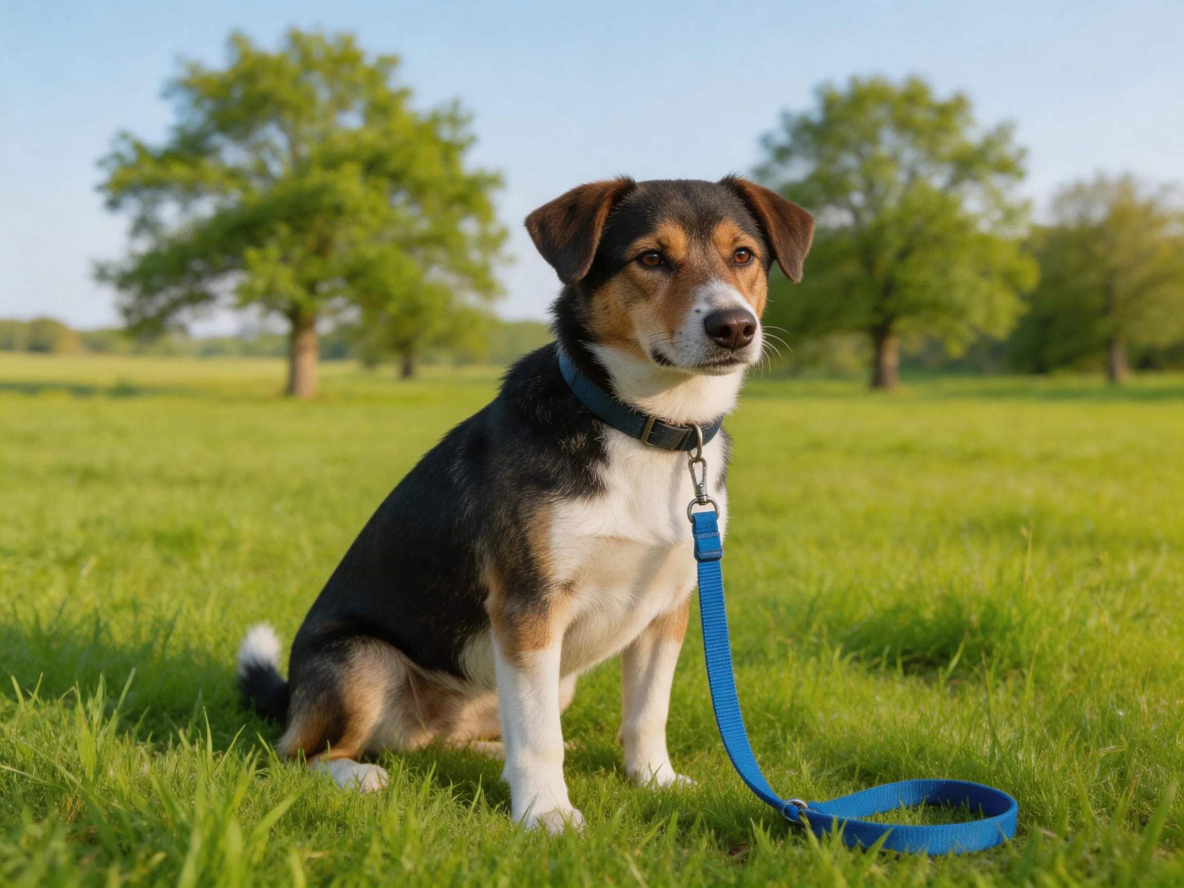 A tricolor dog with a blue leash sits on green grass near trees