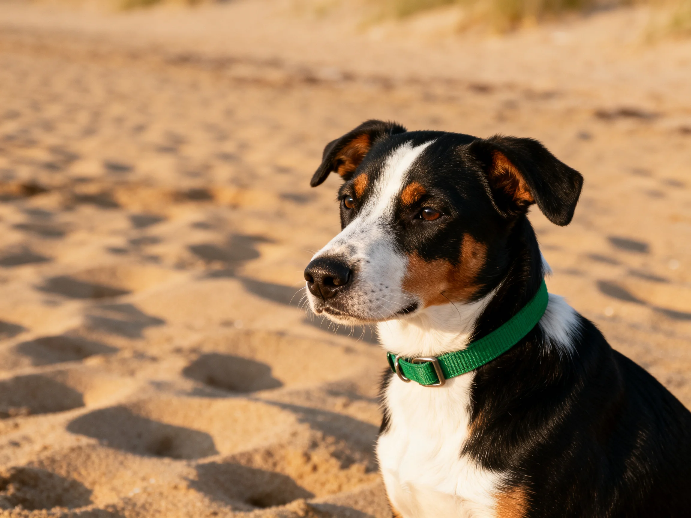 A tricolor dog with a green collar sits on sandy terrain