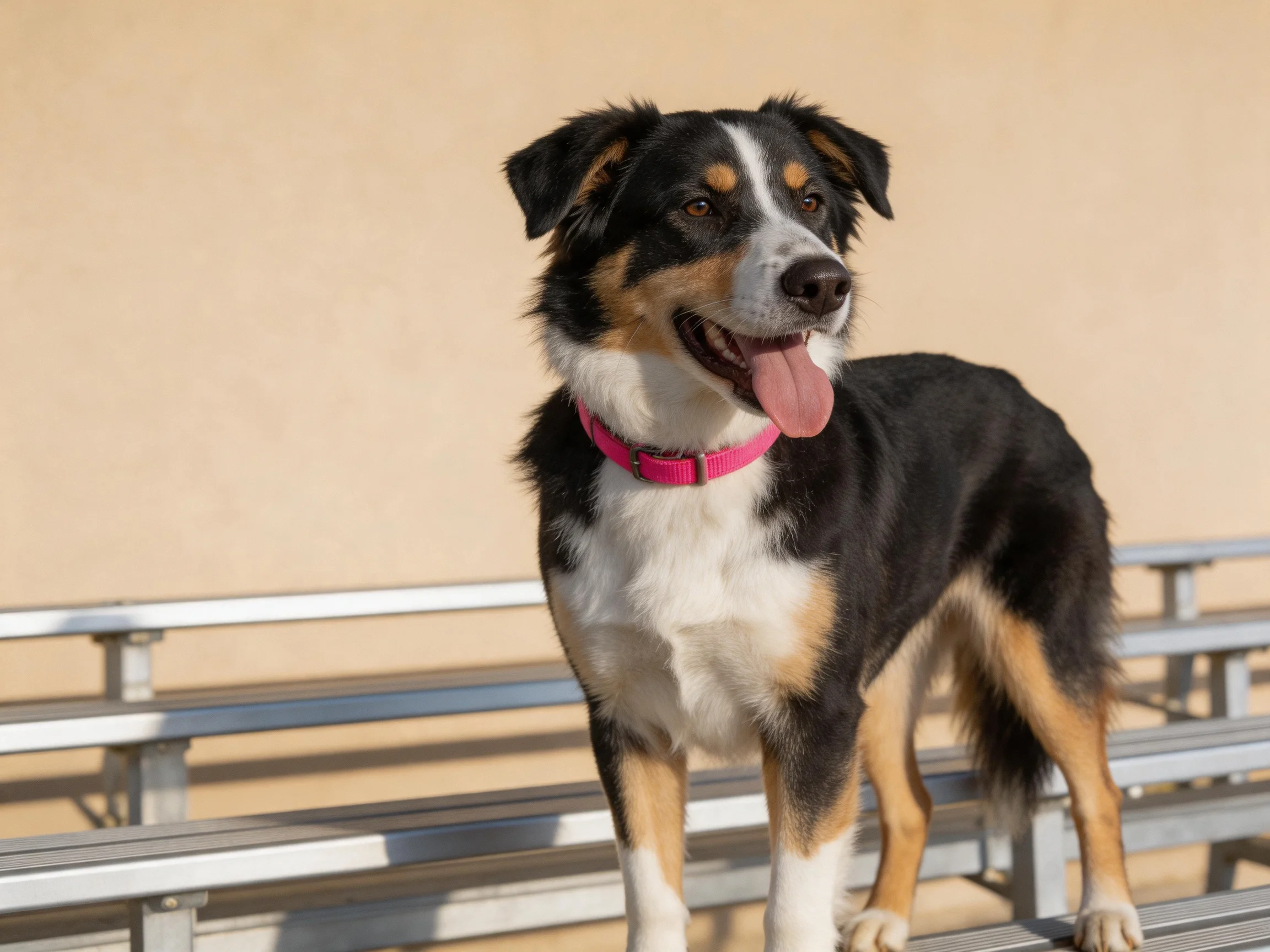 A tricolor dog with a pink collar stands on bleachers outdoors.