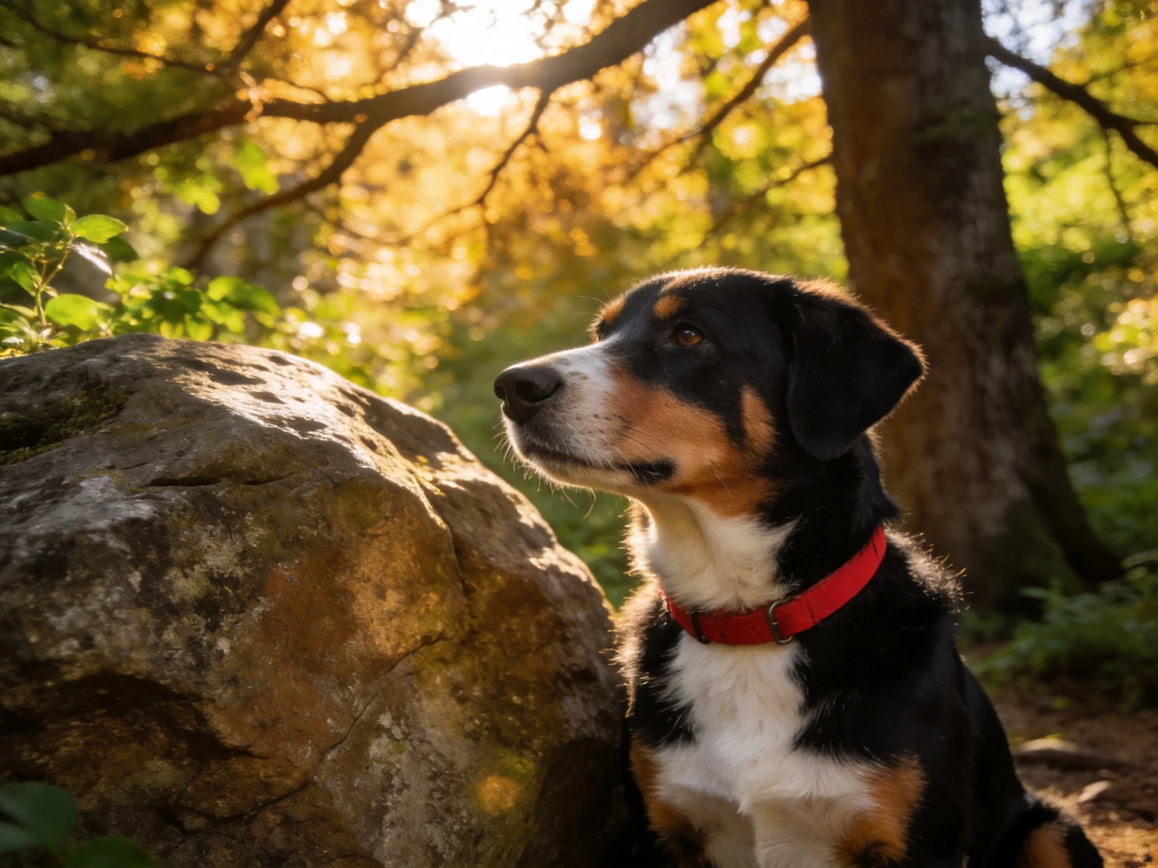 A tricolor dog with a red collar sits by a big rock in a sunlit forest