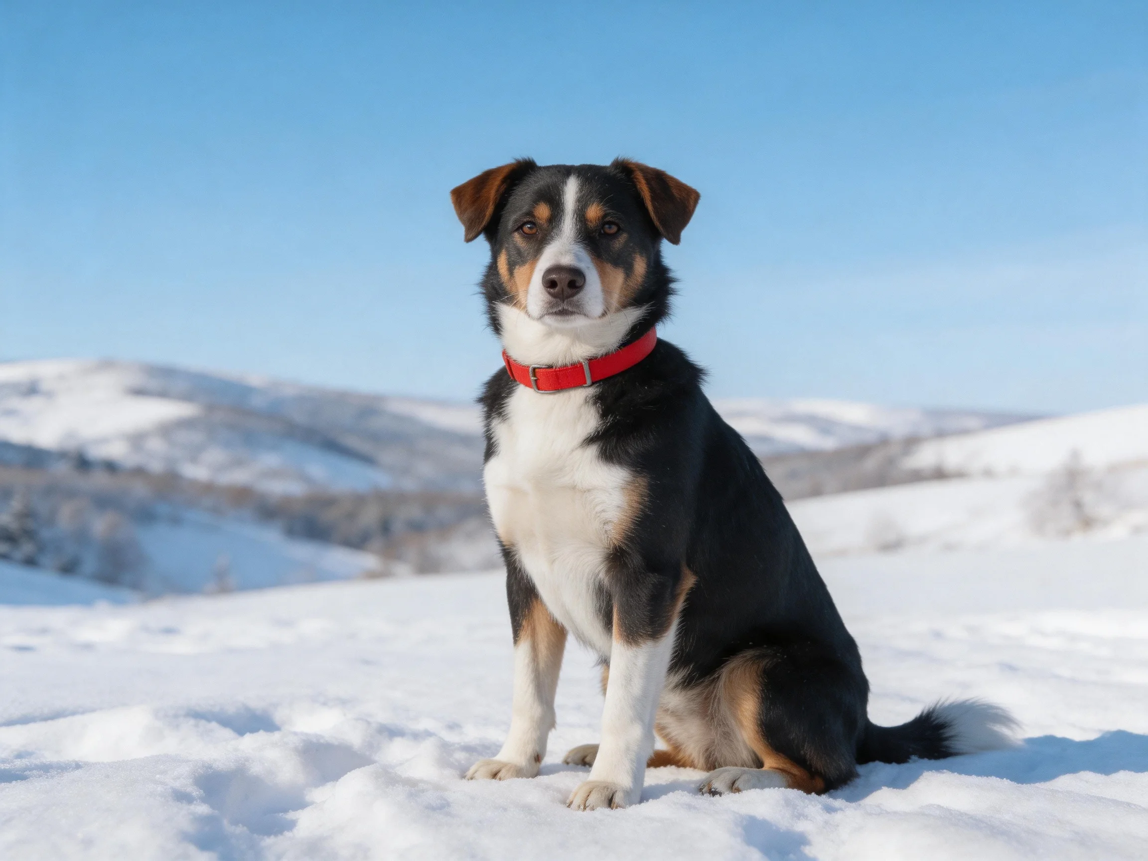 A tricolor dog with a red collar sits calmly on a snowy hillside.